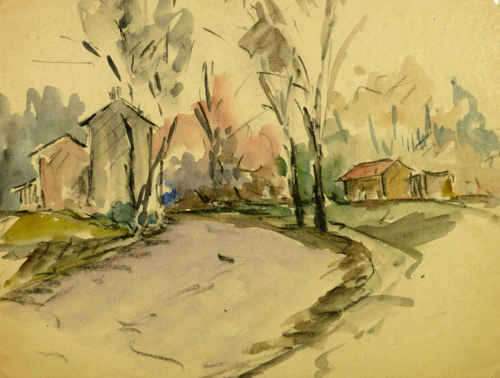 Road to Houses: Mid-century watercolor painting, circa 1950. Original artwork on paper displayed on a white mat with a gold border. Mat fits a standard-sized frame. Archival plastic sleeve and Certificate of Authenti