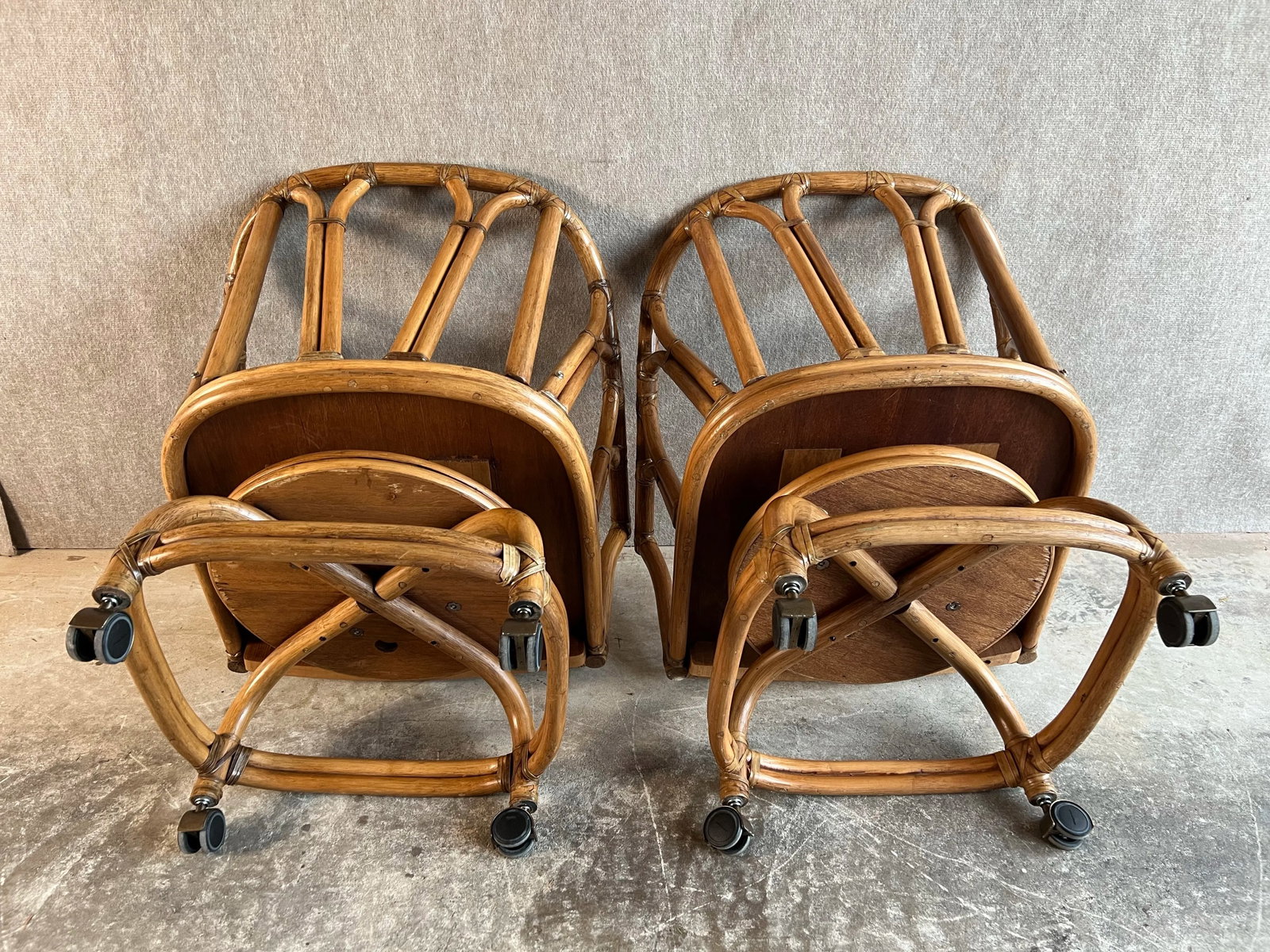 Late 20th Century Vintage Mid Century Boho Chic Style Ficks Reed Leather Bound Rattan and Teak Swive - 12