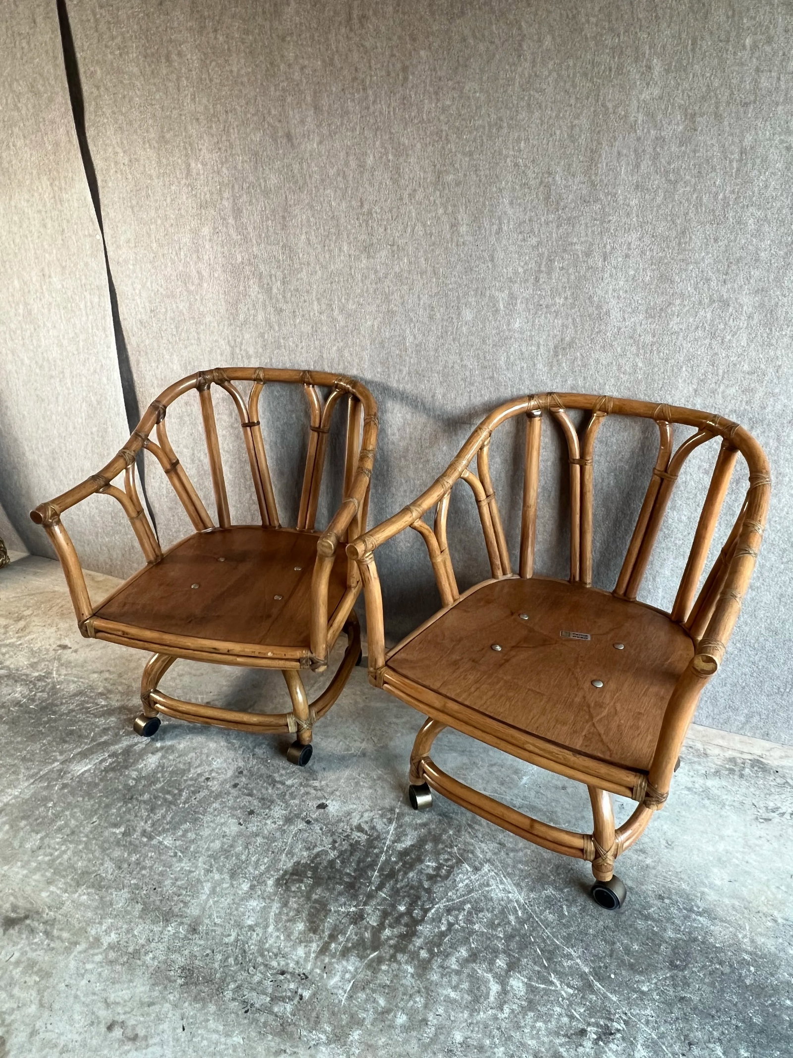 Late 20th Century Vintage Mid Century Boho Chic Style Ficks Reed Leather Bound Rattan and Teak Swive - 2