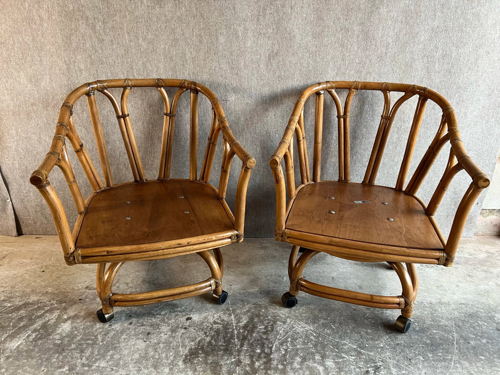 Late 20th Century Vintage Mid Century Boho Chic Style Ficks Reed Leather Bound Rattan and Teak Swive - 3