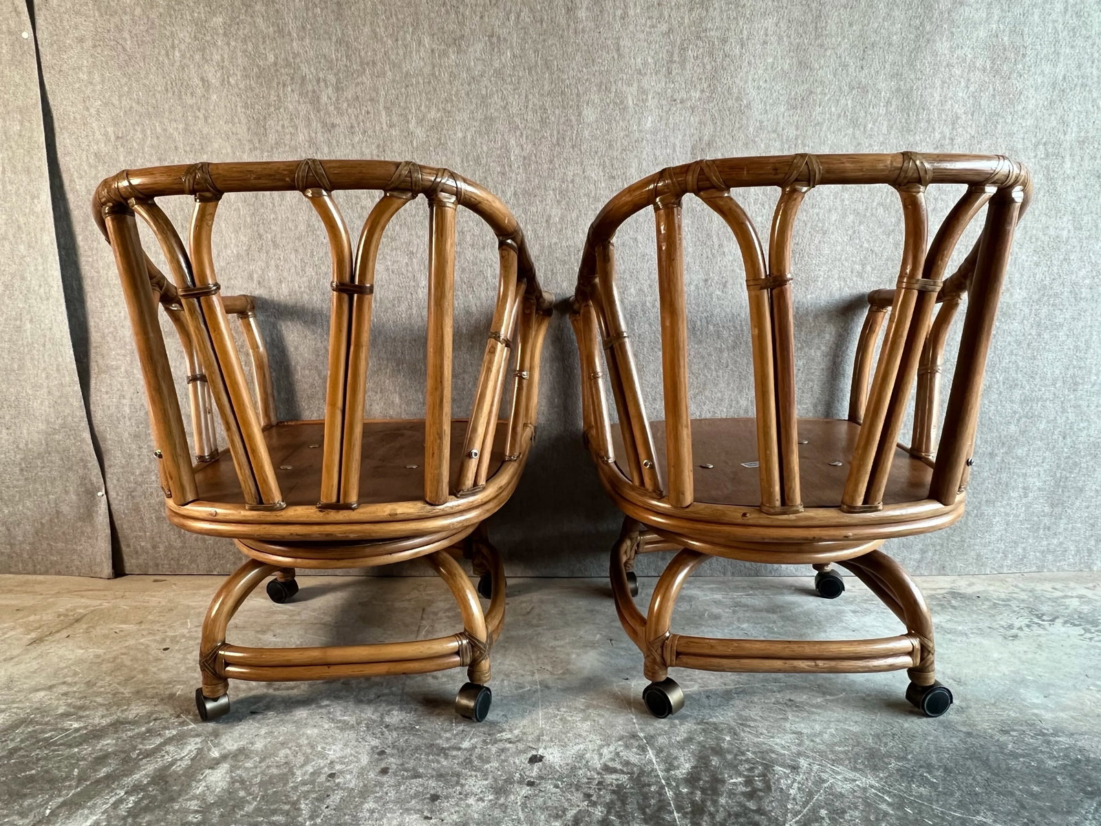 Late 20th Century Vintage Mid Century Boho Chic Style Ficks Reed Leather Bound Rattan and Teak Swive - 6