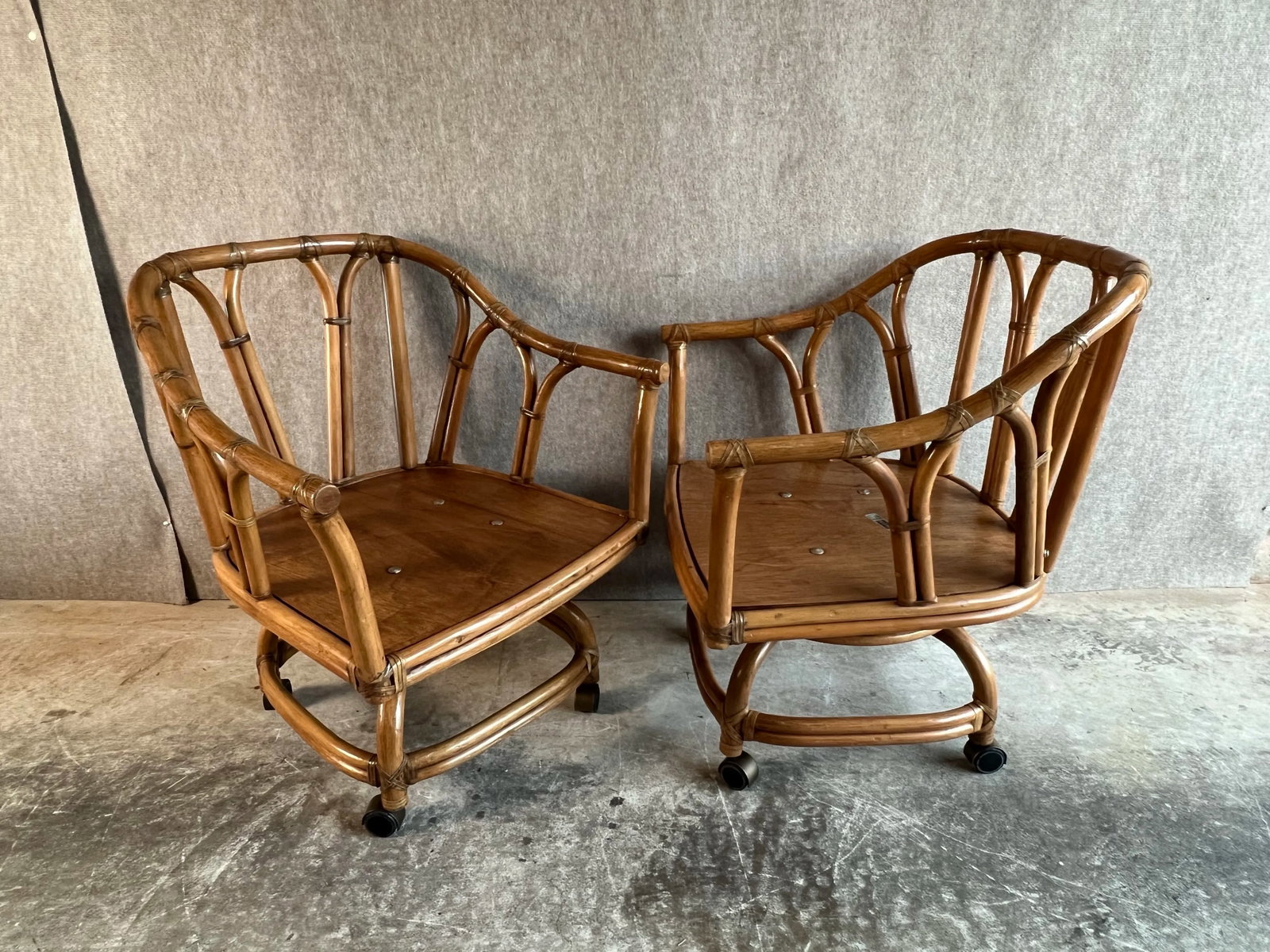 Late 20th Century Vintage Mid Century Boho Chic Style Ficks Reed Leather Bound Rattan and Teak Swive - 7
