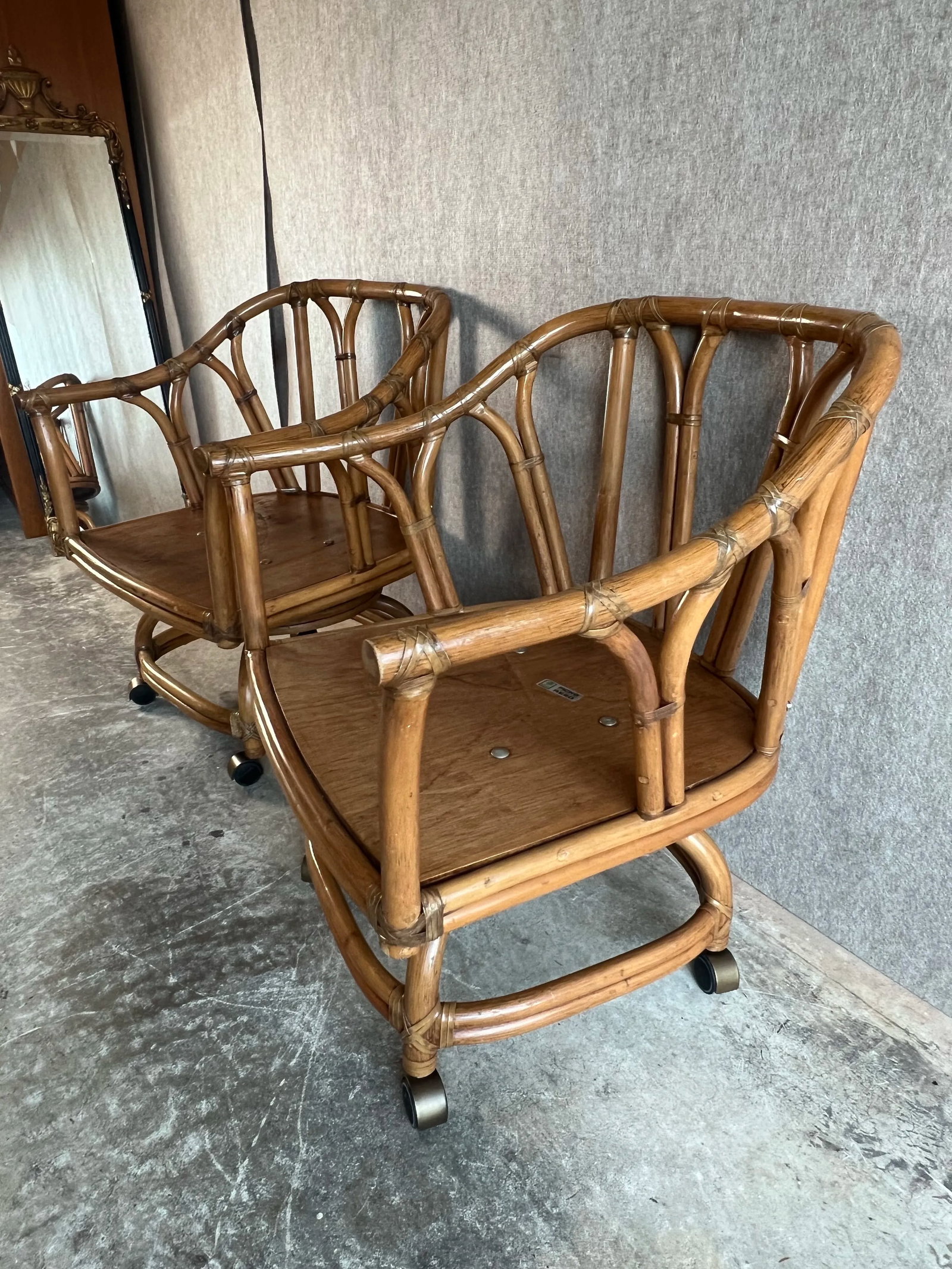 Late 20th Century Vintage Mid Century Boho Chic Style Ficks Reed Leather Bound Rattan and Teak Swive - 8