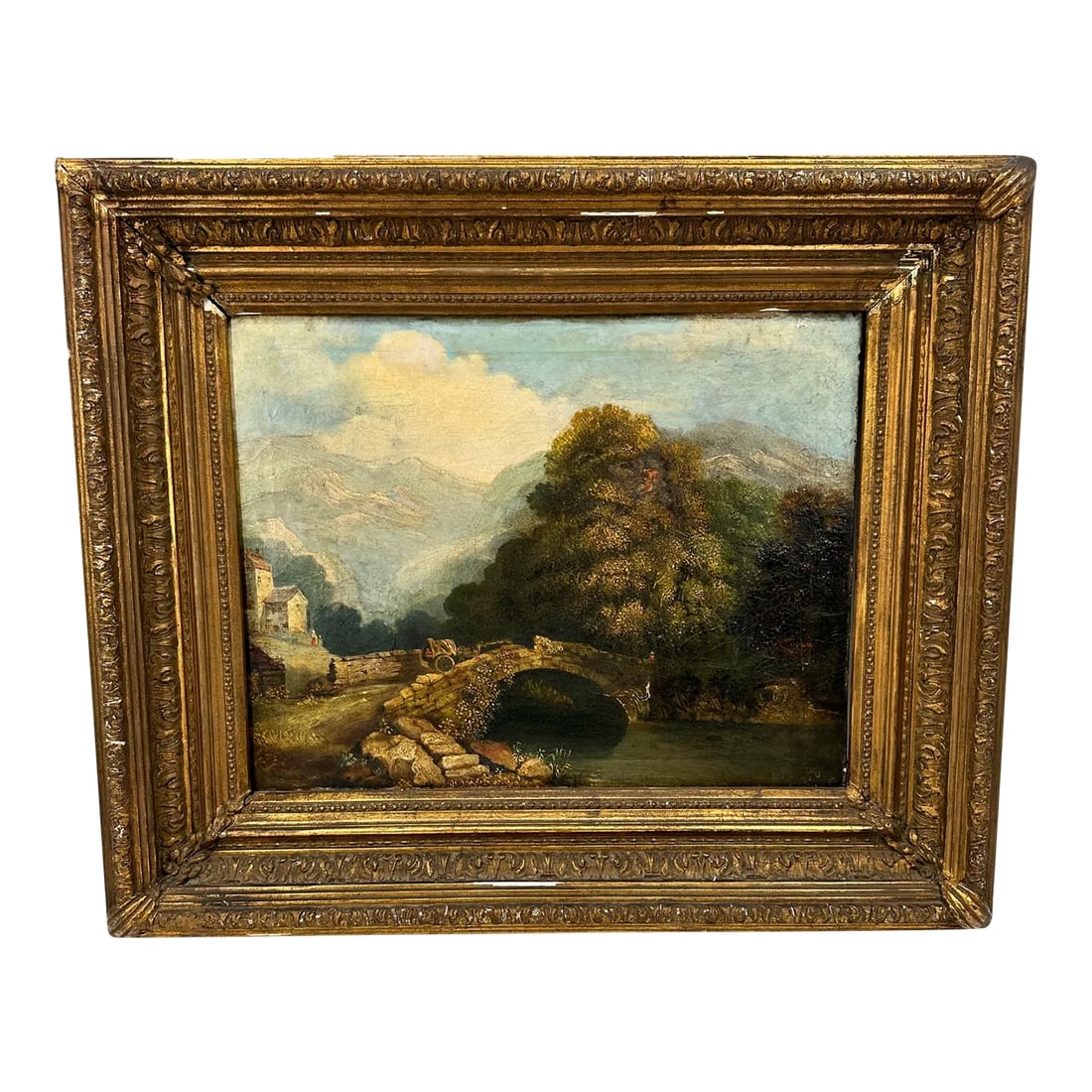 19th Century Landscape Painting Gilt Frame Antique: Fabulous 19th Century Landscape Painting with stone bridge, cottage, figures and trees. A lovely original gilt frame and full of character. Condition: Alterations: Original Condition Unaltered Imperfe