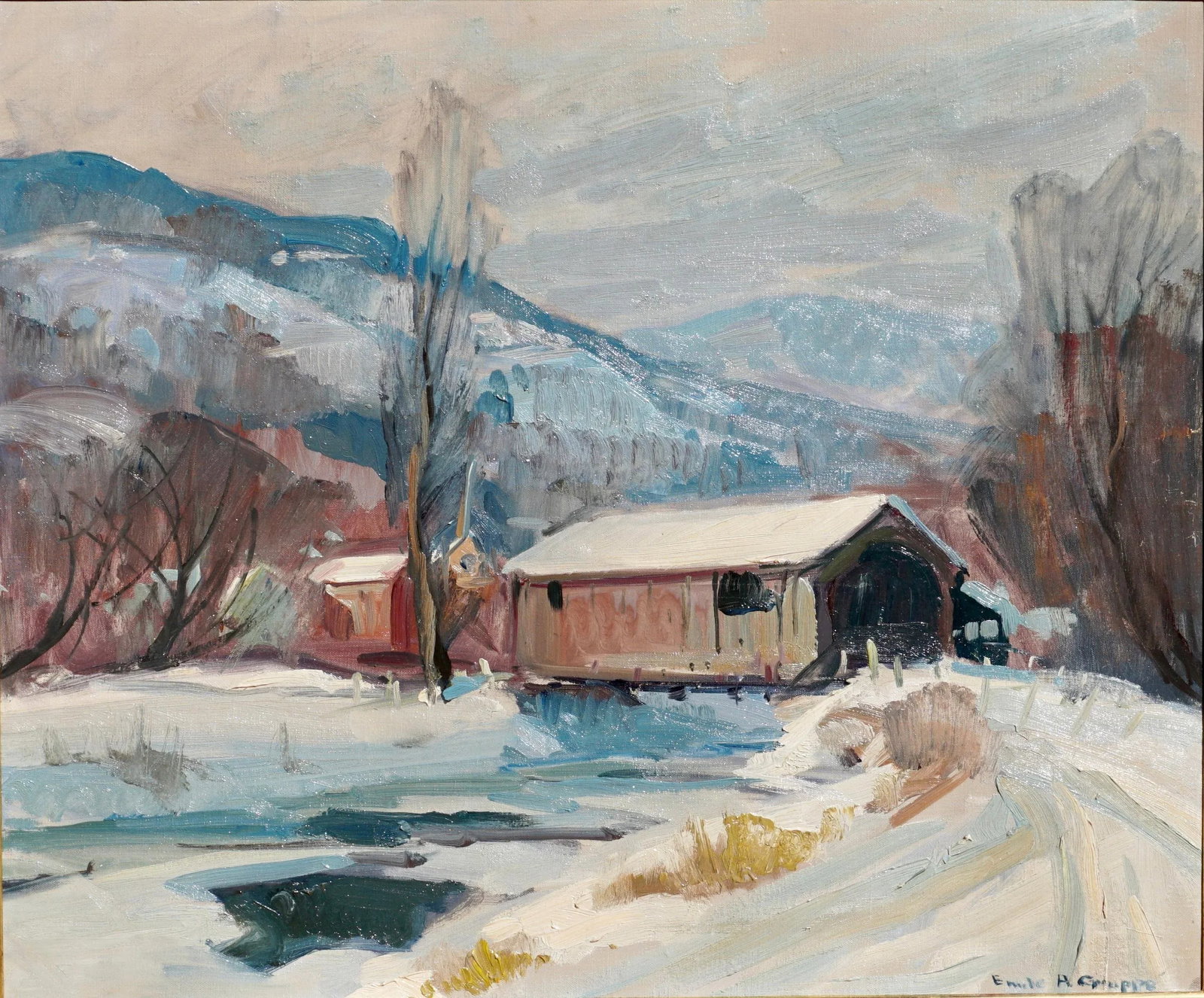 Emile Albert Gruppe 'Mass 1896-1978' "Covered Bridge" Snow Painting - 4