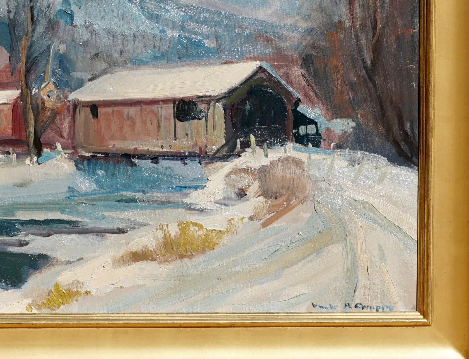 Emile Albert Gruppe 'Mass 1896-1978' "Covered Bridge" Snow Painting - 5