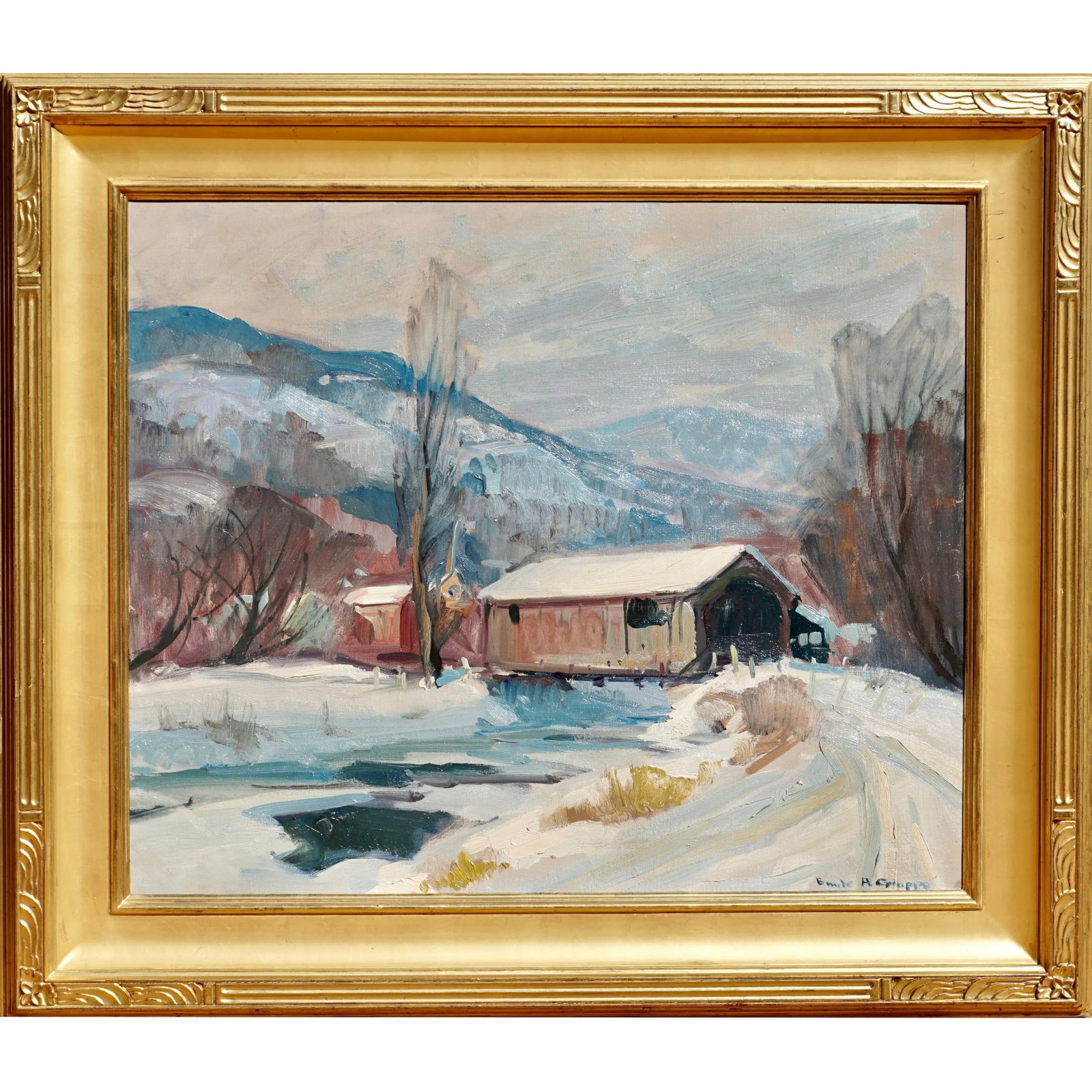 Emile Albert Gruppe 'Mass 1896-1978' "Covered Bridge" Snow Painting - 6
