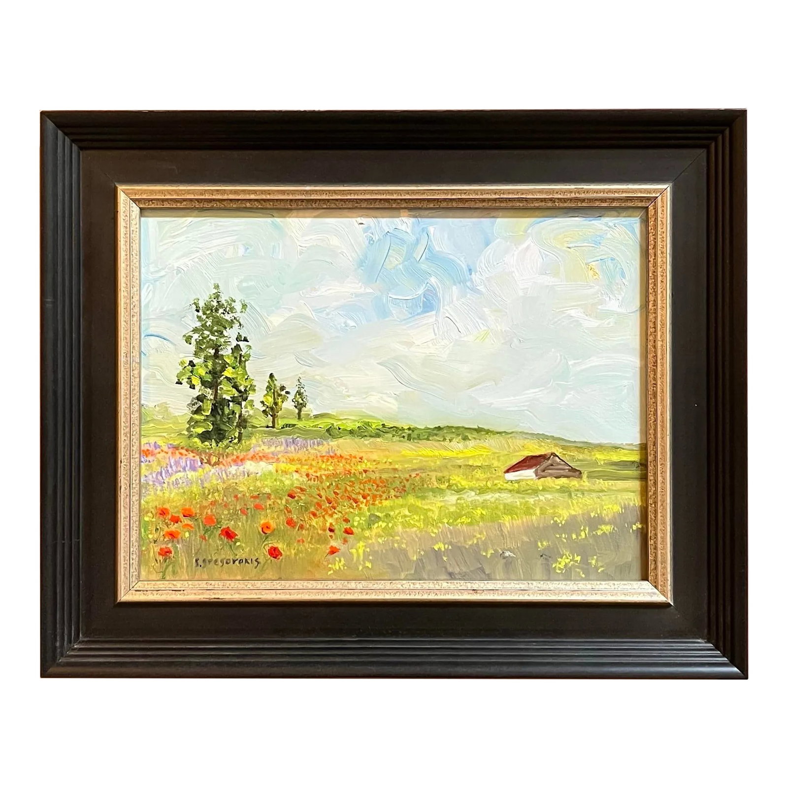 Poppy Field, Contemporary Impressionist Oil Painting by Satori Gregorakis. Framed.: Original oil painting on board of an English landscape with a farmhouse in the distance and poppy fields in the foreground under a dramatic sky by Satori Gregorakis. Signed in the lower left corner.