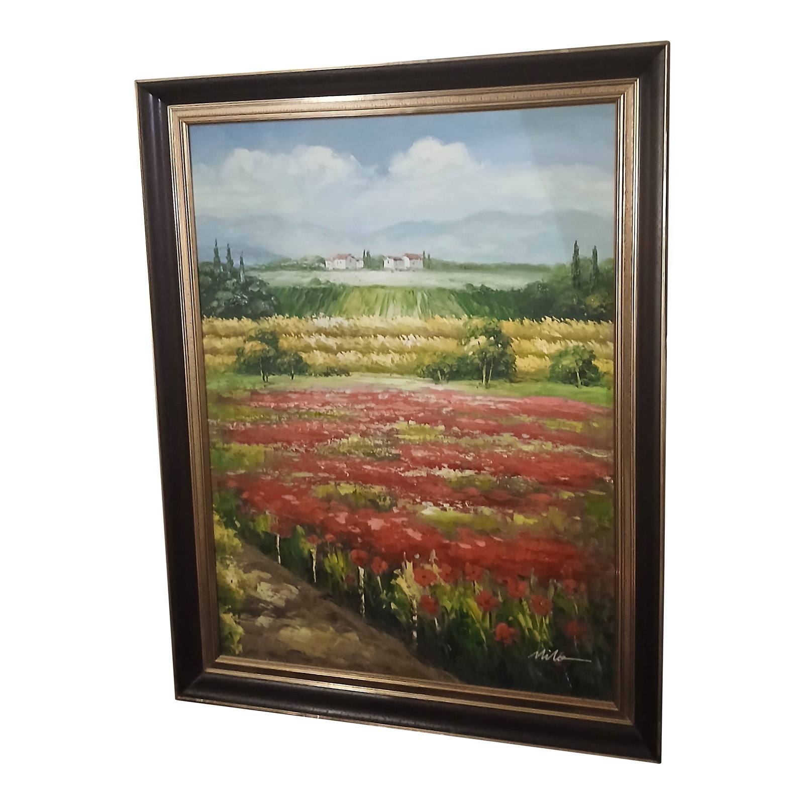 1990s Vintage Large Italian Countryside Landscape, Acrylic on Canvas: Fine acrylic vintage original painting on canvas. Italian landscape with red poppies. Fine gilded plaster wood frame. Signed by artist "Milo". This painting, as well as another listed, came from a