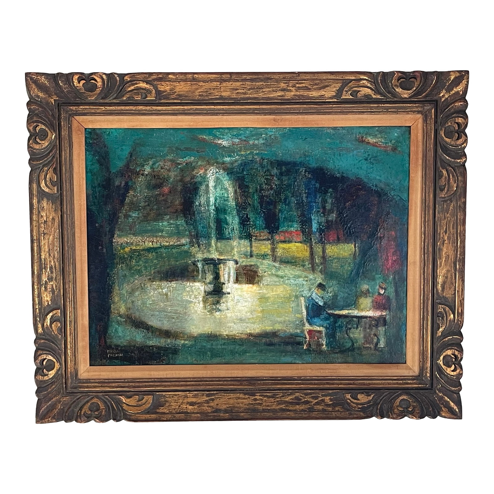 Mid 20th Century Fountain in the Park, Oil on Canvas by Martin Friedman: Martin Friedman, American, 1896-1980, Oil on Canvas, Signed lower left corner Condition: Excellent, professionally cleaned and varnished. Park scene featuring a fountain with three women seated in the