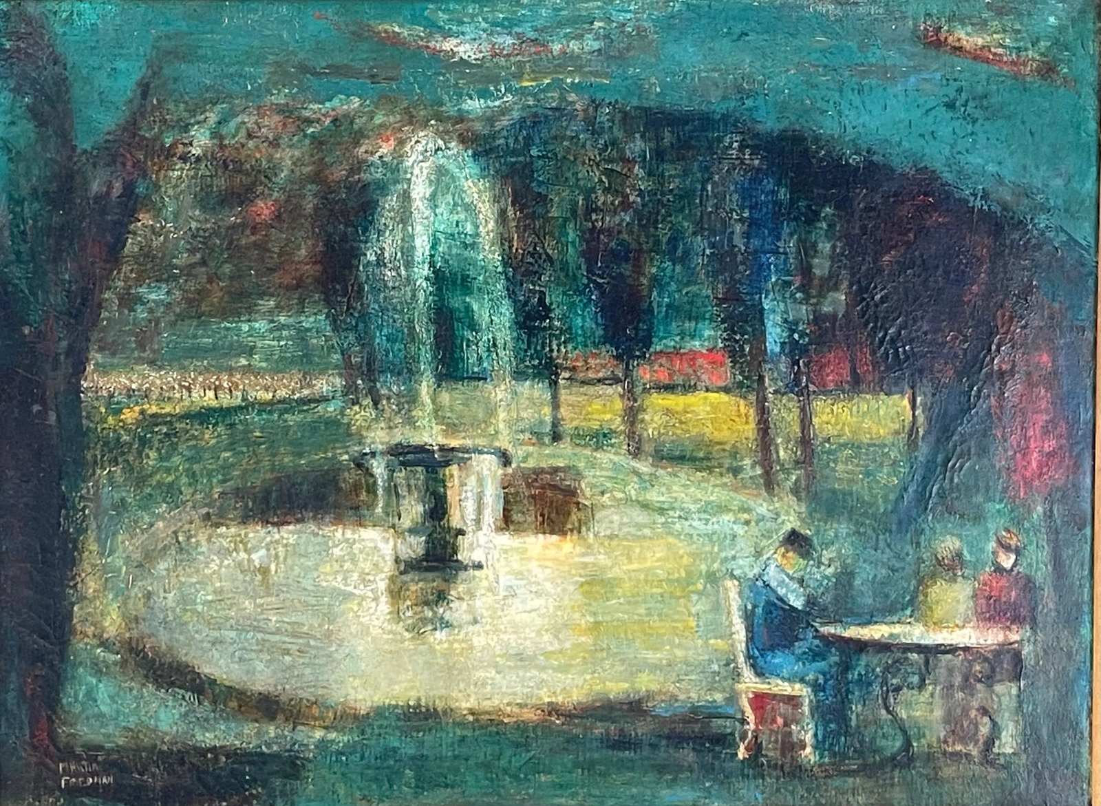 Mid 20th Century Fountain in the Park, Oil on Canvas by Martin Friedman - 4