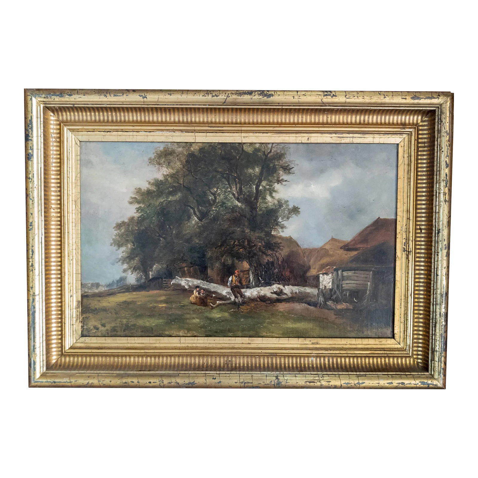 19th Century European Landscape Genre Scene Oil Painting in Great Frame: We are selling this nice Continental or English School landscape painting. This simple painting may be Italian and has a father leaning on a fallen tree while his two young daughters play on the outsi