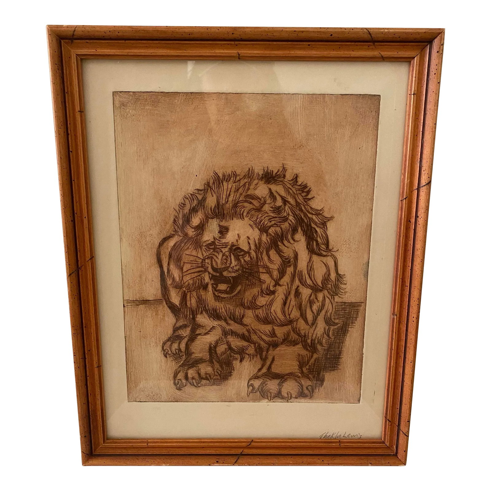 Vintage Mid-Century Original Lion Animal Etching Signed: This captivating mid-century original etching depicts a powerful Lion figure with remarkable attention to detail and texture. Signed in pencil by the artist in the lower bottom right corner of mating,