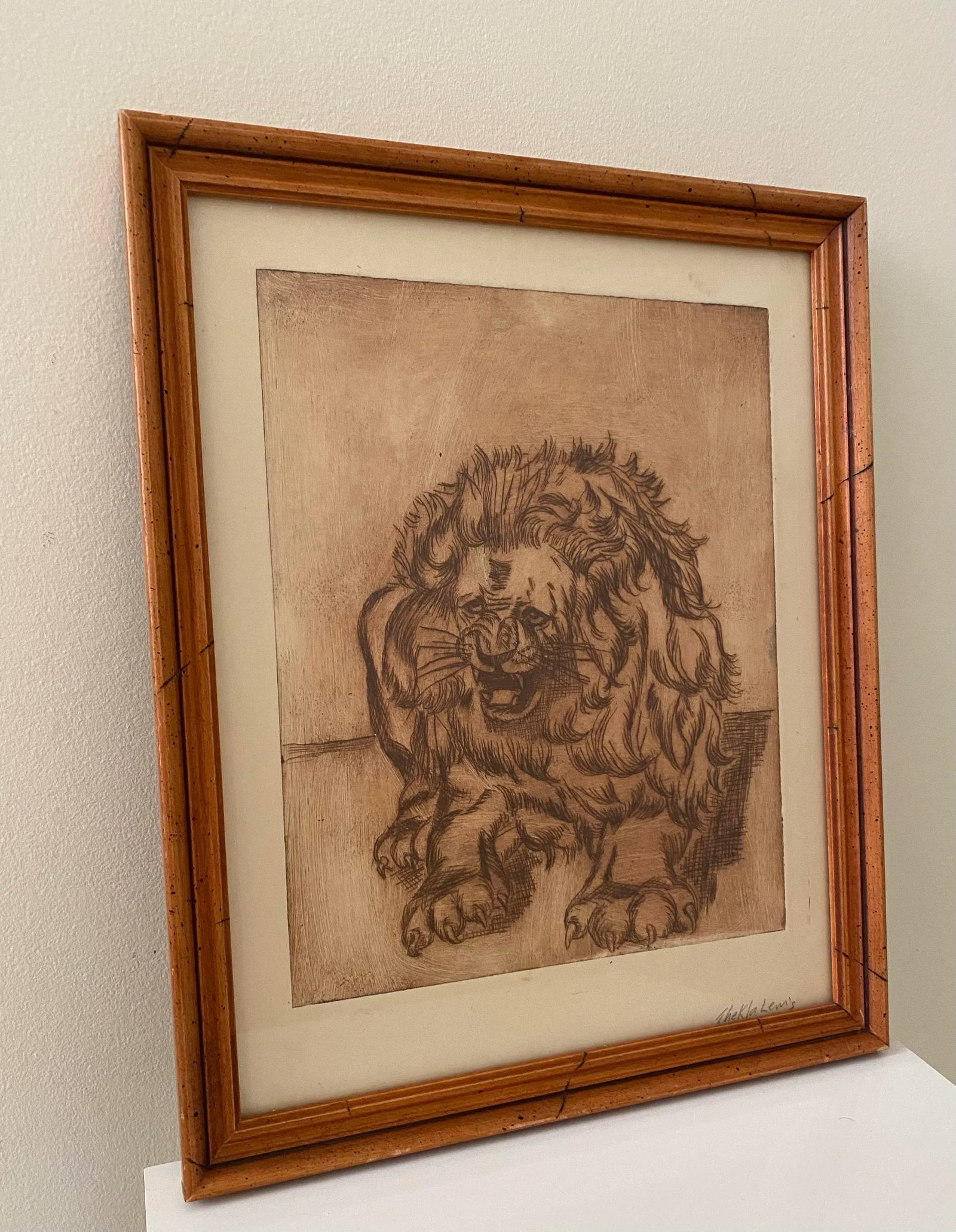 Vintage Mid-Century Original Lion Animal Etching Signed - 2