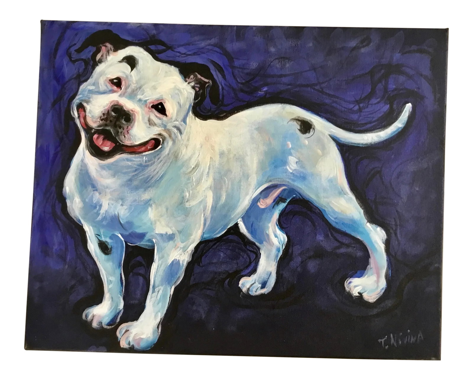 Realist "Smile" Acrylic on Canvas Painting of a Dog by T.Nivina: Cute bulldog on blue background acrylic on stretched canvas painting by contemporary Ukrainian - American artist T.Nivina . Signet on lover right Condition: Alterations: Original Condition Unaltered