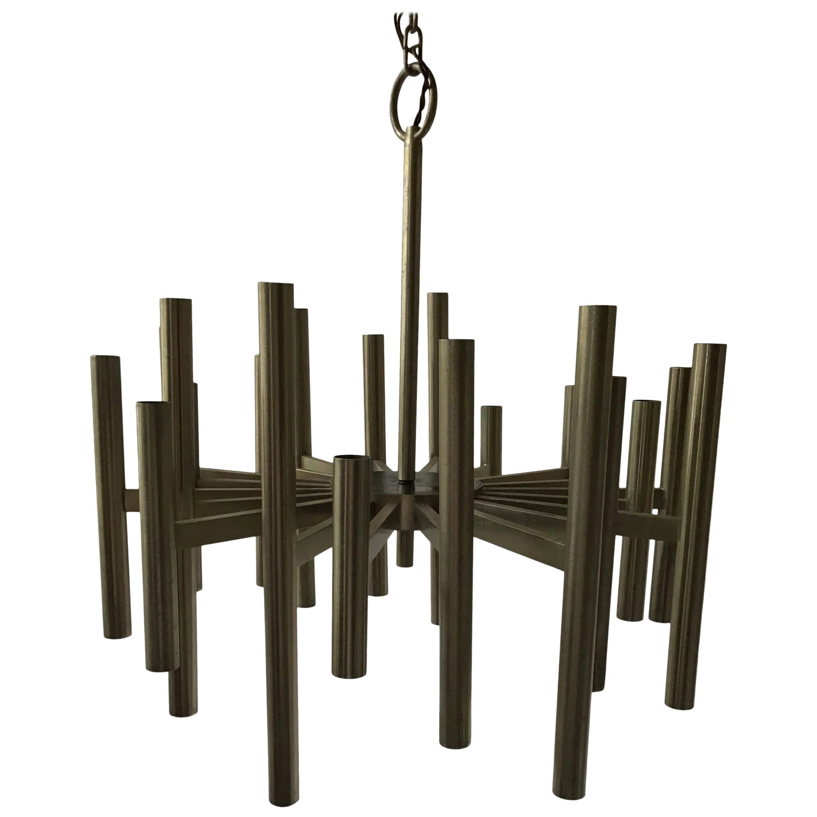 1970s Sciolari Chandelier: 1970s Sciolari chrome chandelier. Condition: Alterations: Original Condition Unaltered Imperfections: Some Imperfections Condition Notes: Good Height is to top of ring. Needs re wiring. Needs a cleani