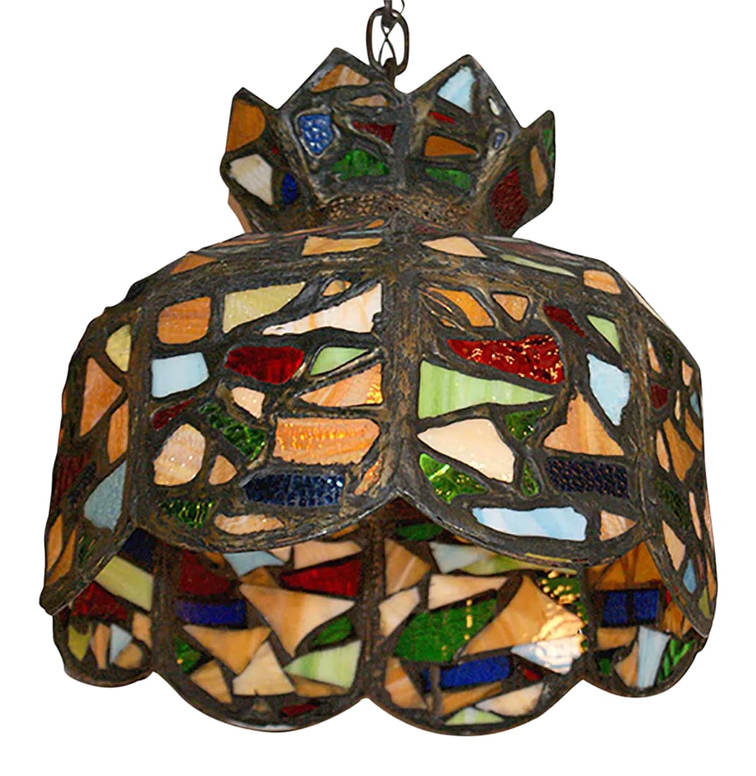 Antique Stained Glass Chandelier: Early 20th century, multicolored Folk art chandelier having polychrome stained glass mosaic design shade. Condition: Alterations: Original Condition Unaltered Imperfections: Some Imperfections