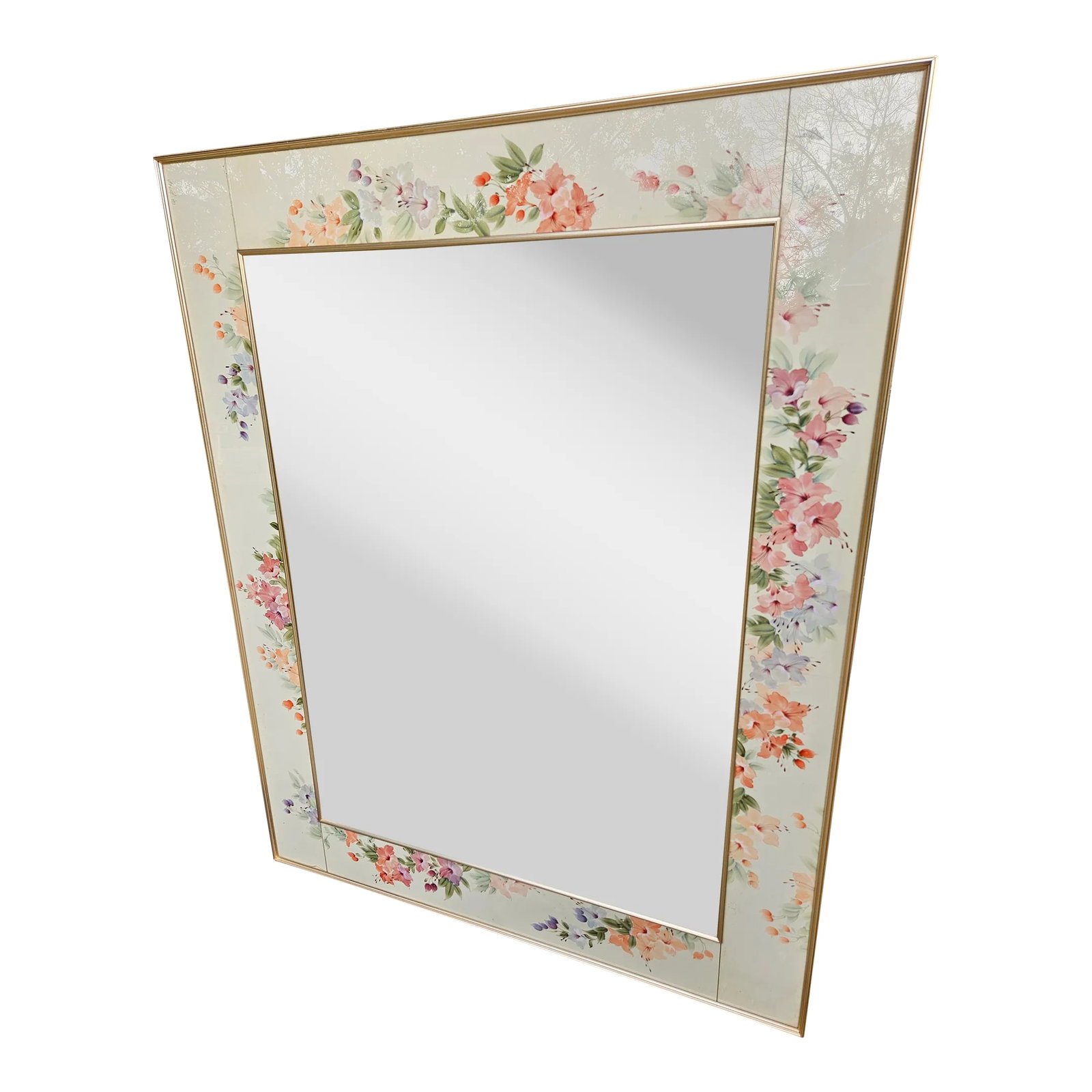 Vintage La Barge Flora Reverse Painted and Signed Mirror: This elegant mirror was created by La Barge in the 1990s with a lovely reverse painted signed glass frame The glass panes surround an inset beveled mirror. Condition: Alterations: Original Condition