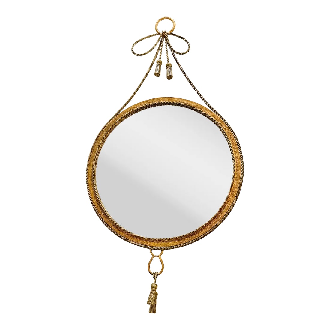 Vintage Hollywood Regency Faux Bois Painted Round Metal Mirror With Bow and Tassles: Vintage Hollywood Regency style round mirror. Metal frame faux painted to look like brass and leather. Painted lots of shades of gold and yellow to achieve the look of brass and cracked leather.