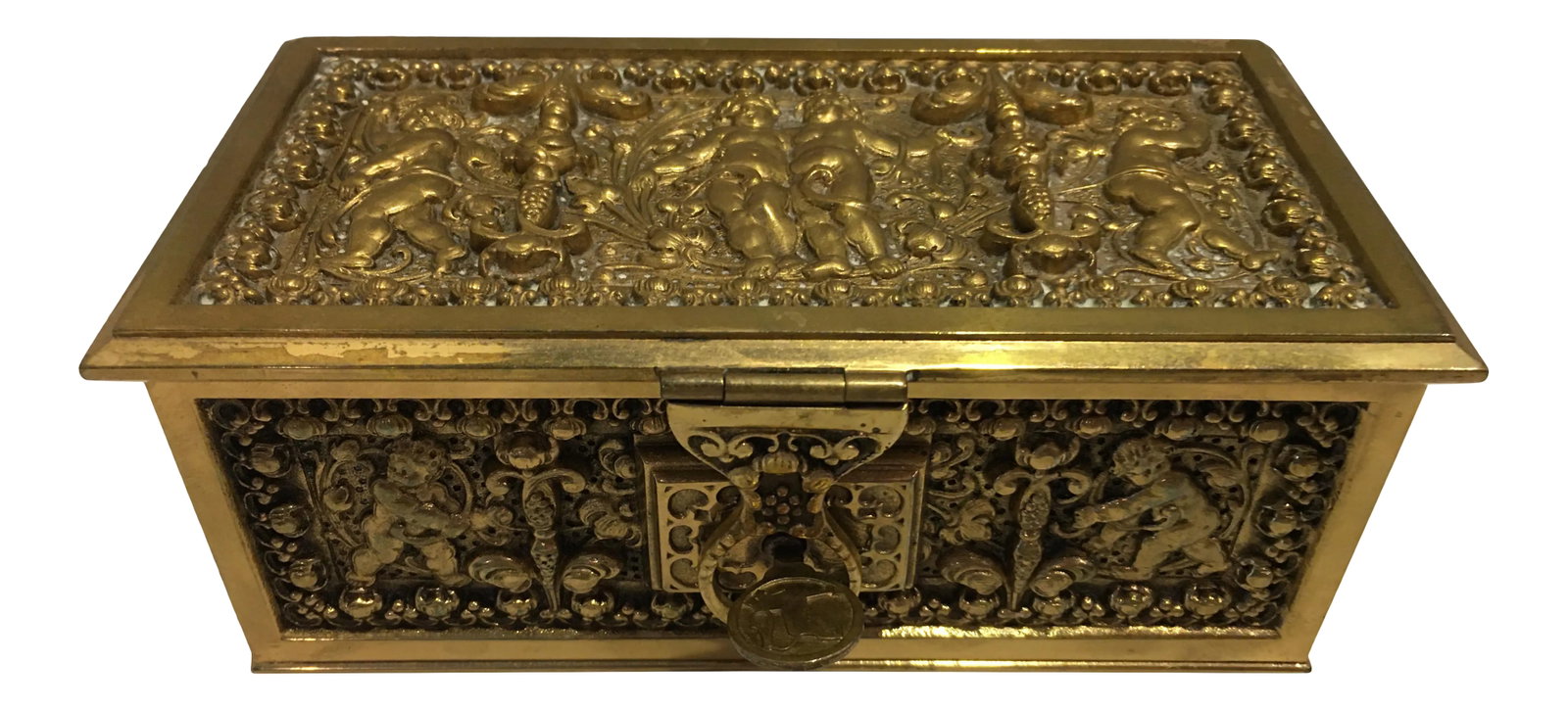 Erhard & Sohne Hinged Box: Exquisite rectangular hinged box by Erhard & Sons , Germany. Large gilded bronze box with original key with lion brand. Measures 6.75" x 3.5" x 2.5". Erhard & Sohne had the world-patent for the manufa