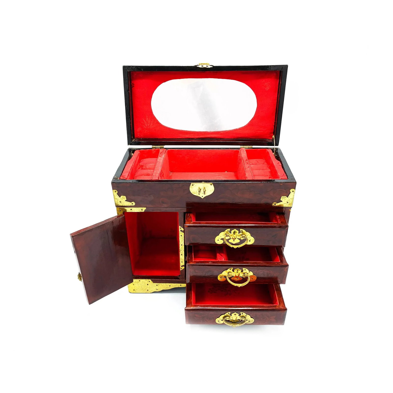 Vintage Chinese Jewelry Box With Brass Handle and Fittings - 2