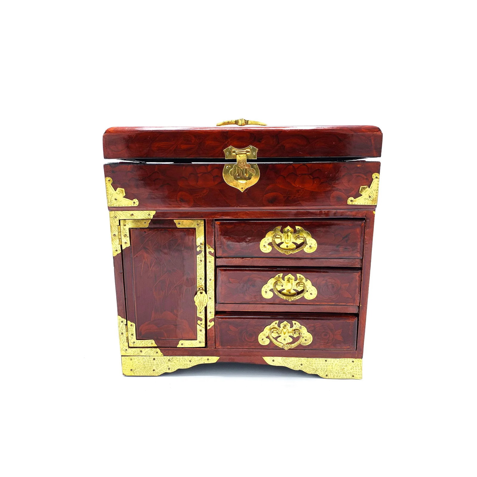 Vintage Chinese Jewelry Box With Brass Handle and Fittings - 7