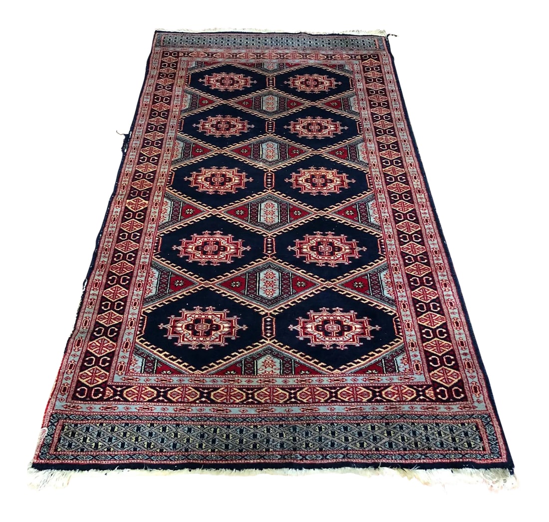 Vintage Persian Hamadan Rug: Vintage handmade Persian Hamadan wool rug, circa late 20th century. The primary colors are navy, burgundy and aqua. The colors are vibrant, and does show signs of age and use. Approximate dimensions