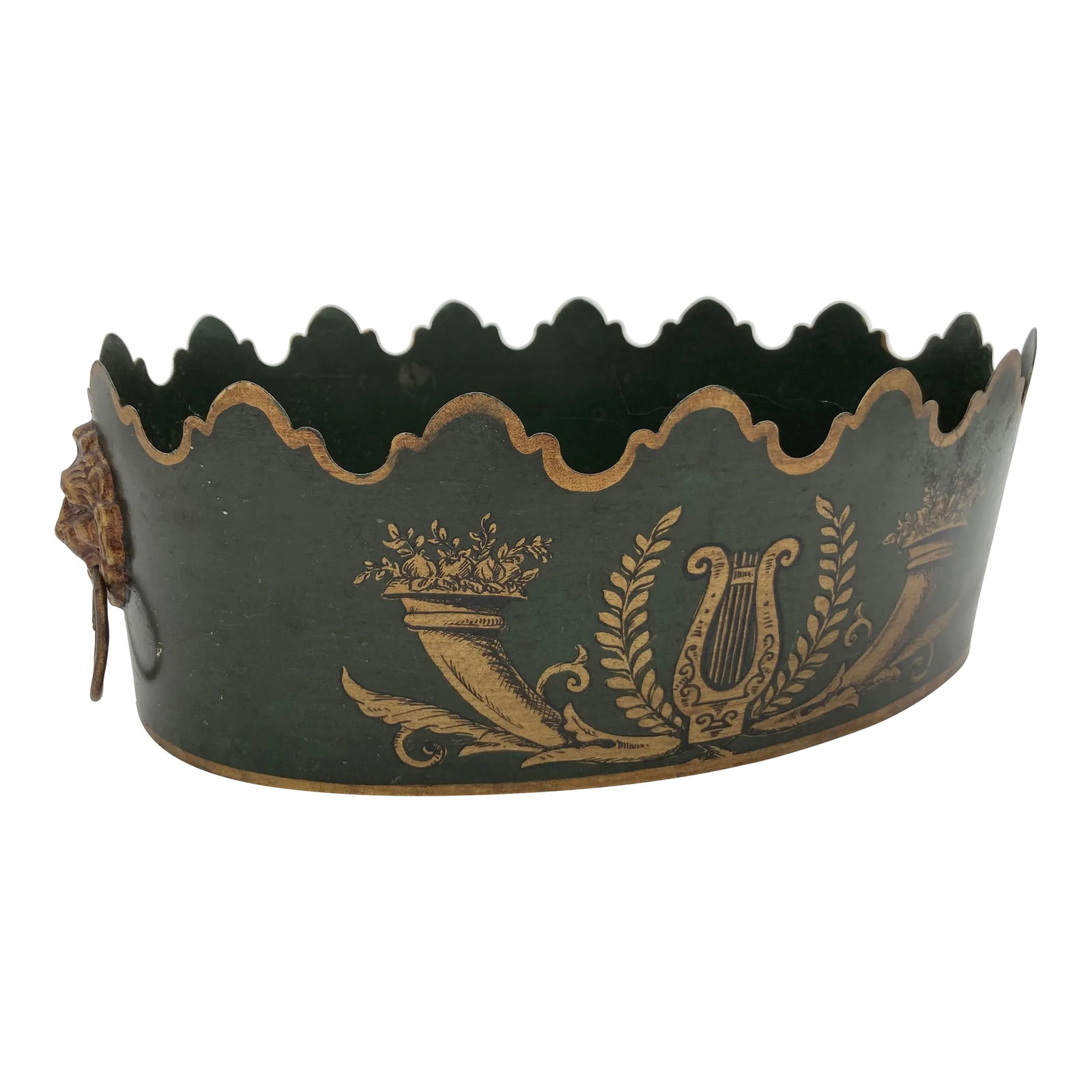 Vintage Italian Tole Cachepot Planter: This unique Italian made metal cachepot with lions head handles will look amazing with a floral arrangement or plants adorning your entry console or counter. Unique scalloping with gold lions head