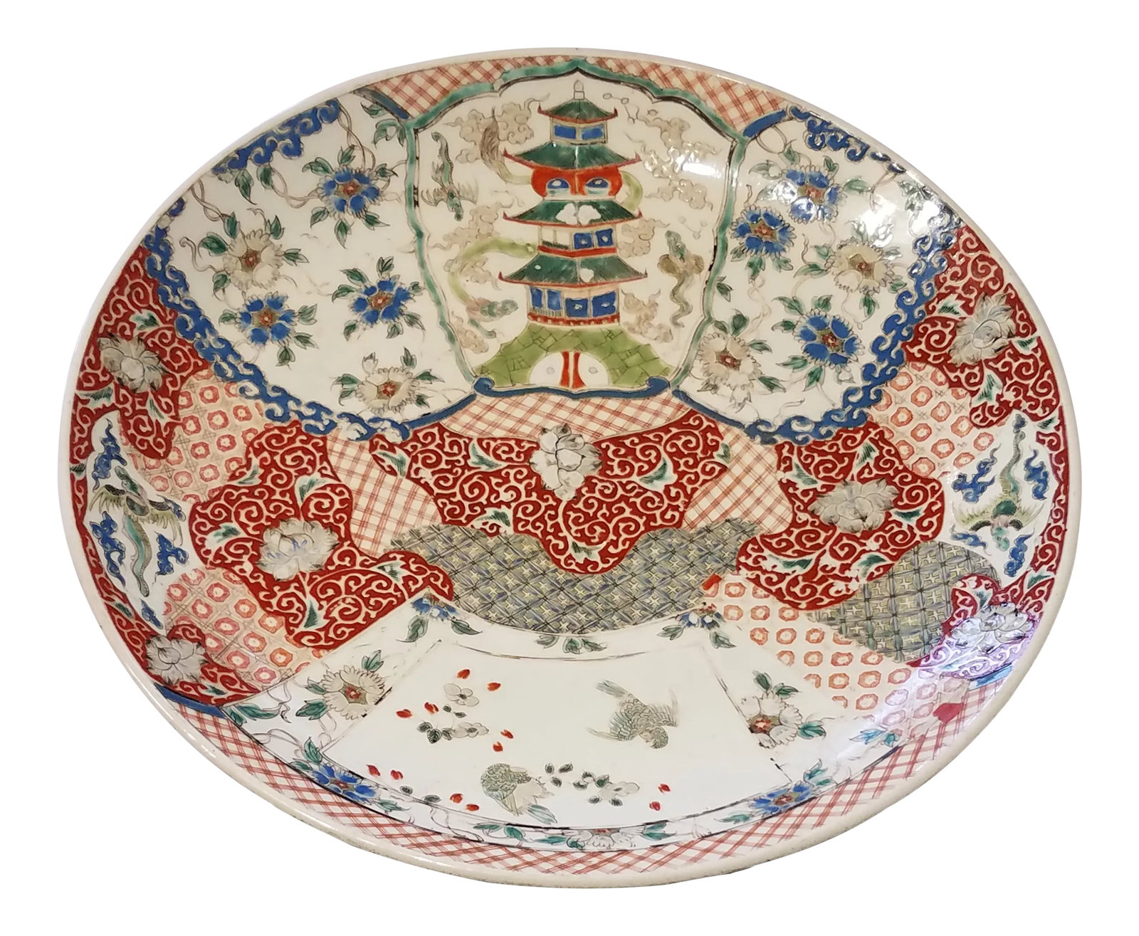 1880 Antique Imari Plate: We found this plate in England from a great cermics source who has unusual items. The plate is Handpainted with a lot of interesting detail. Measurements: 16" diameter x 2" Condition: Alterations: Ori
