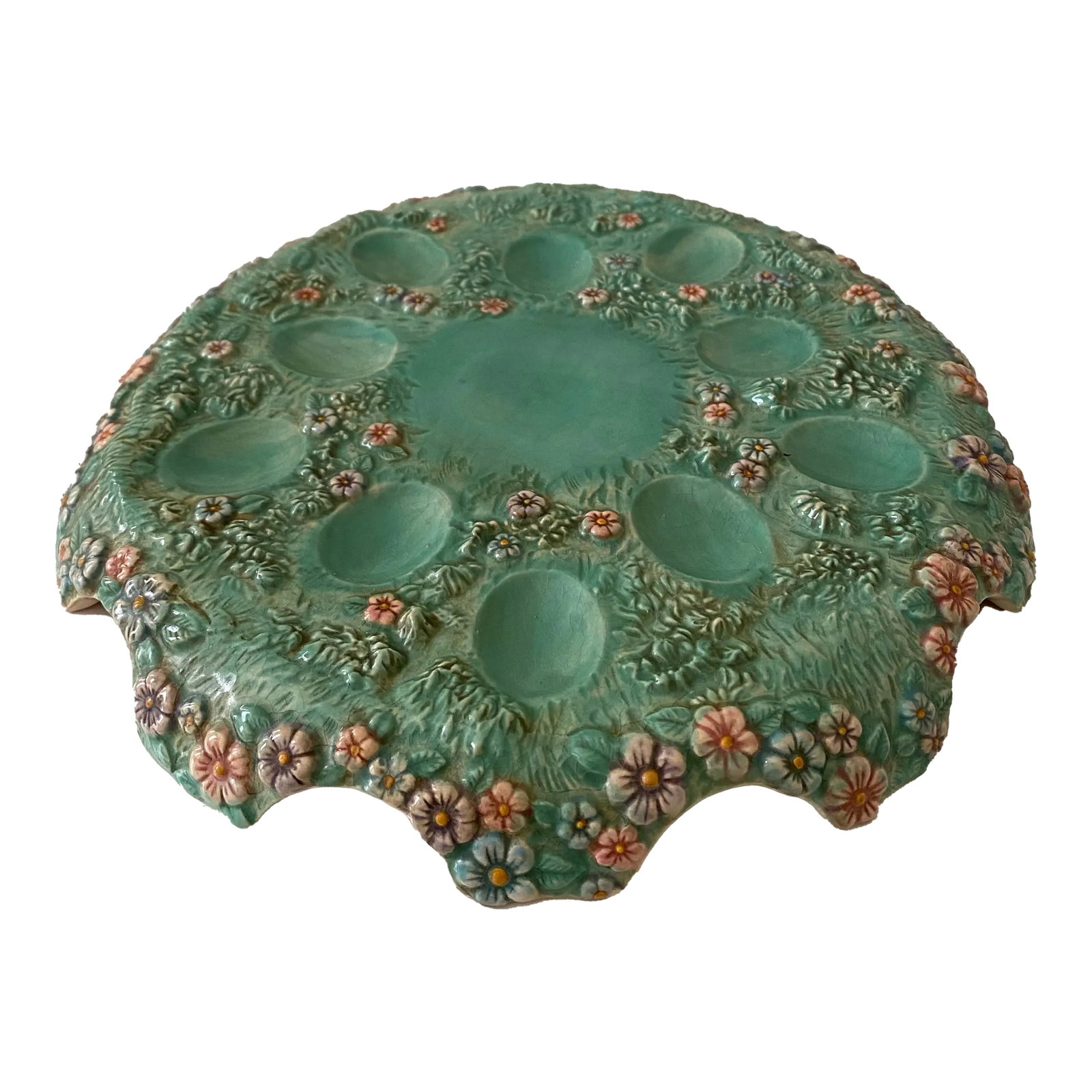 Antique Victorian Majolica Deviled Egg Platter Easter: Antique Victorian Majolica Deviled Egg Serving Platter, Made in Belgium. This stunning serving platter features a vibrant green glaze with delicate hand-painted floral accents. The platter is designed