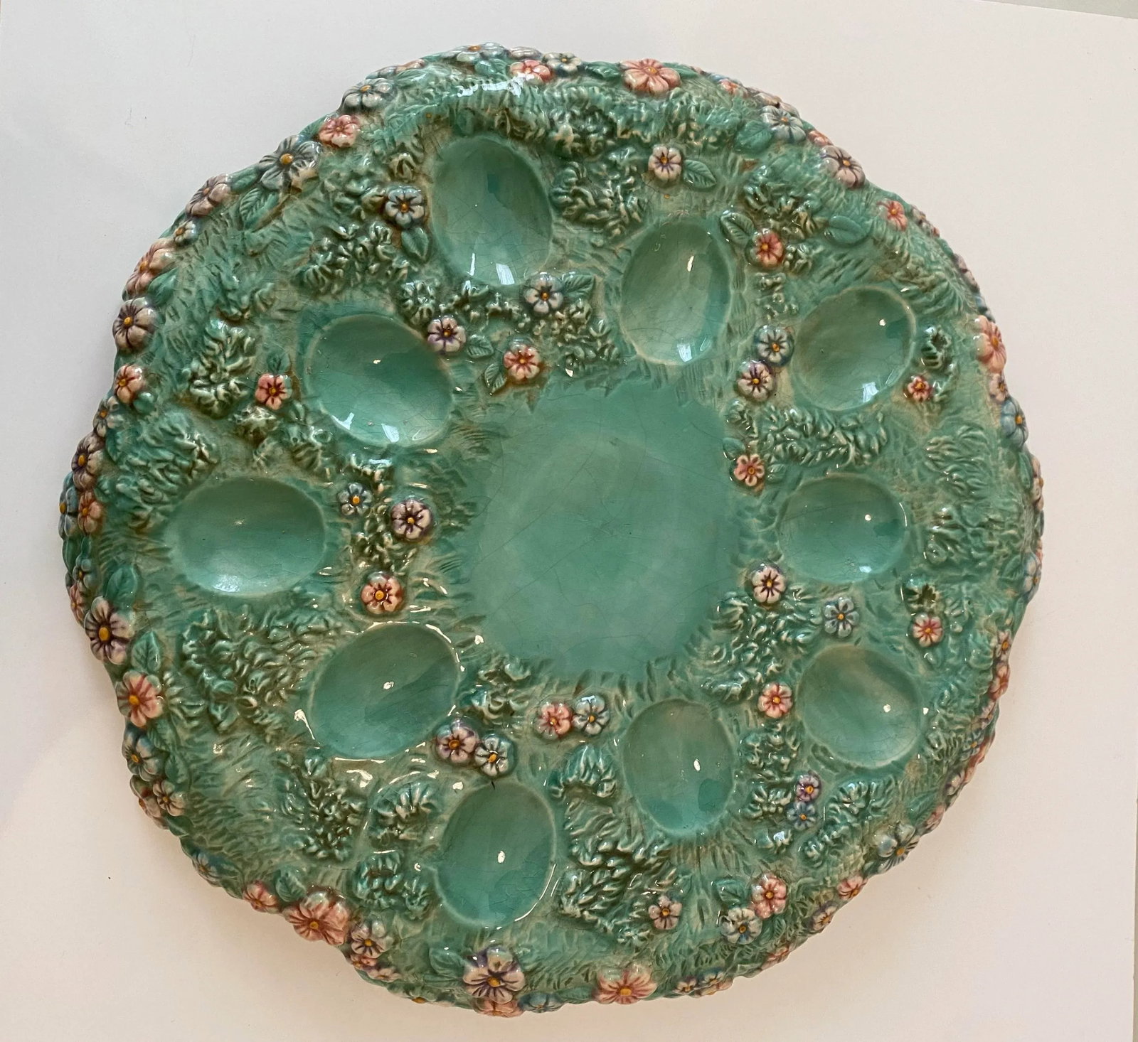 Antique Victorian Majolica Deviled Egg Platter Easter - 3
