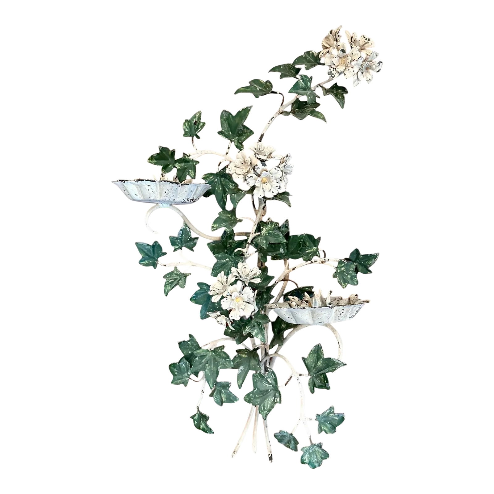 Vintage Italian Large Tole White Geranium & Ivy Sconce / Toleware Candle Holder, Circa 1940: A gorgeous, vintage tole sconce. Features white geranium blooms paired with green Ivy leaves with two fluted candle cups. Cast in iron. Aged patina is intentional and original to the piece. Made in It
