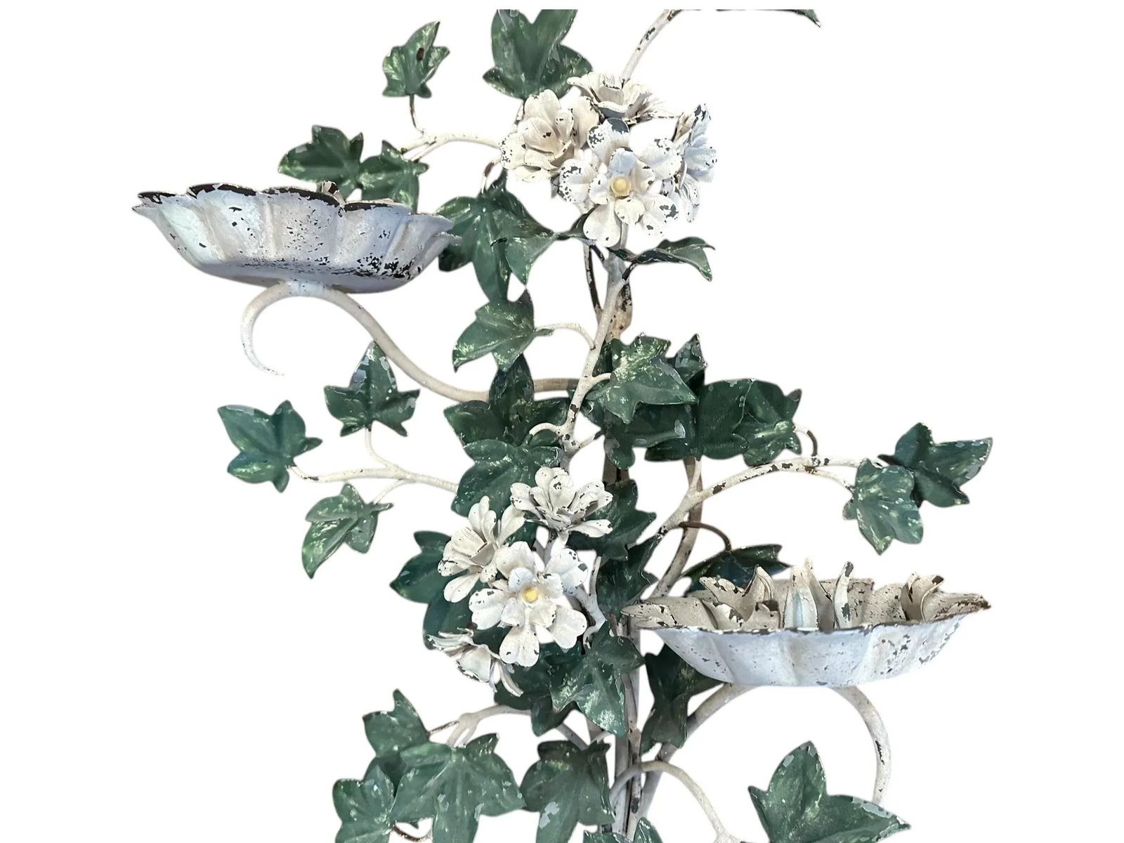 Vintage Italian Large Tole White Geranium & Ivy Sconce / Toleware Candle Holder, Circa 1940 - 2