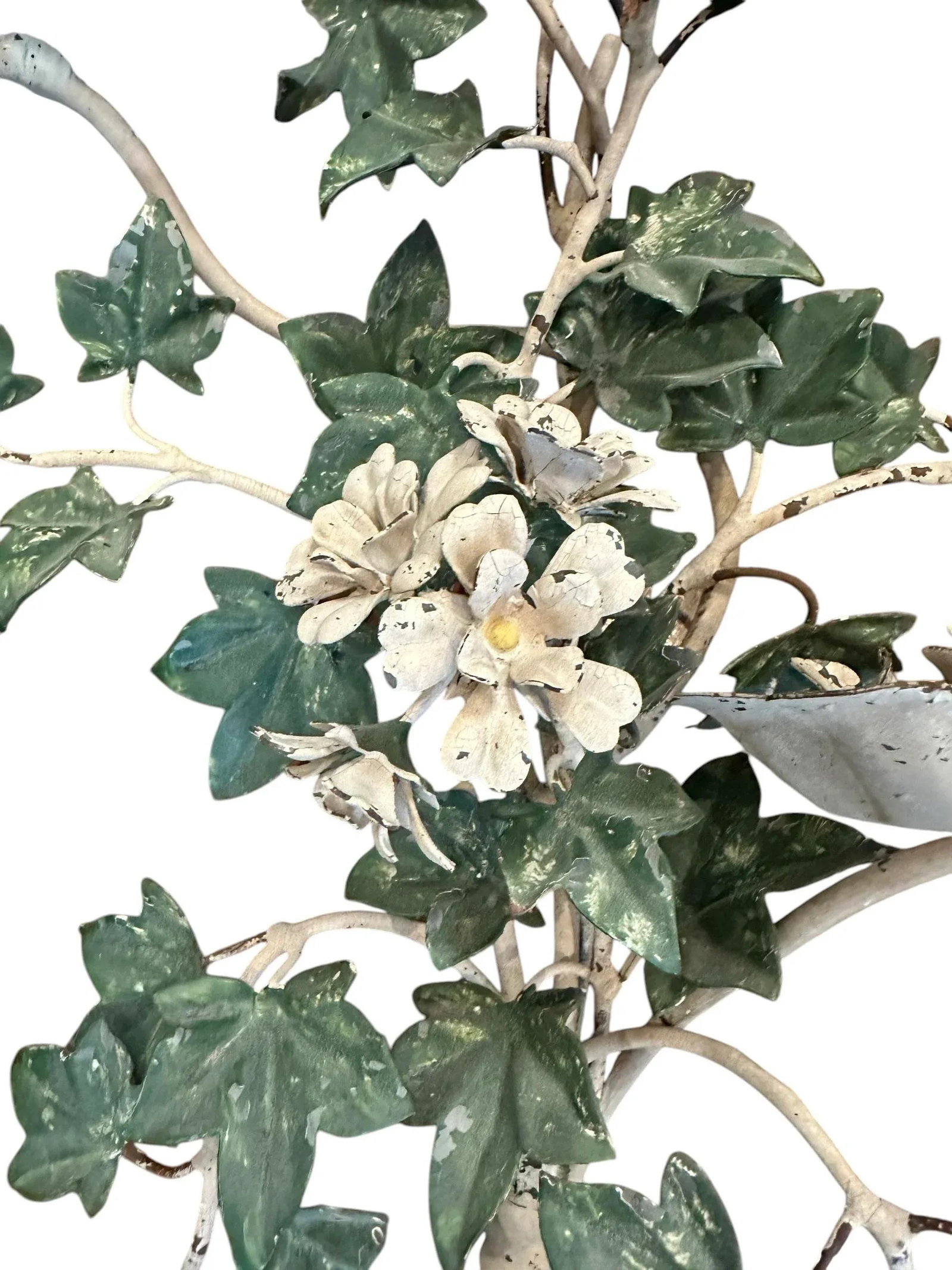 Vintage Italian Large Tole White Geranium & Ivy Sconce / Toleware Candle Holder, Circa 1940 - 3