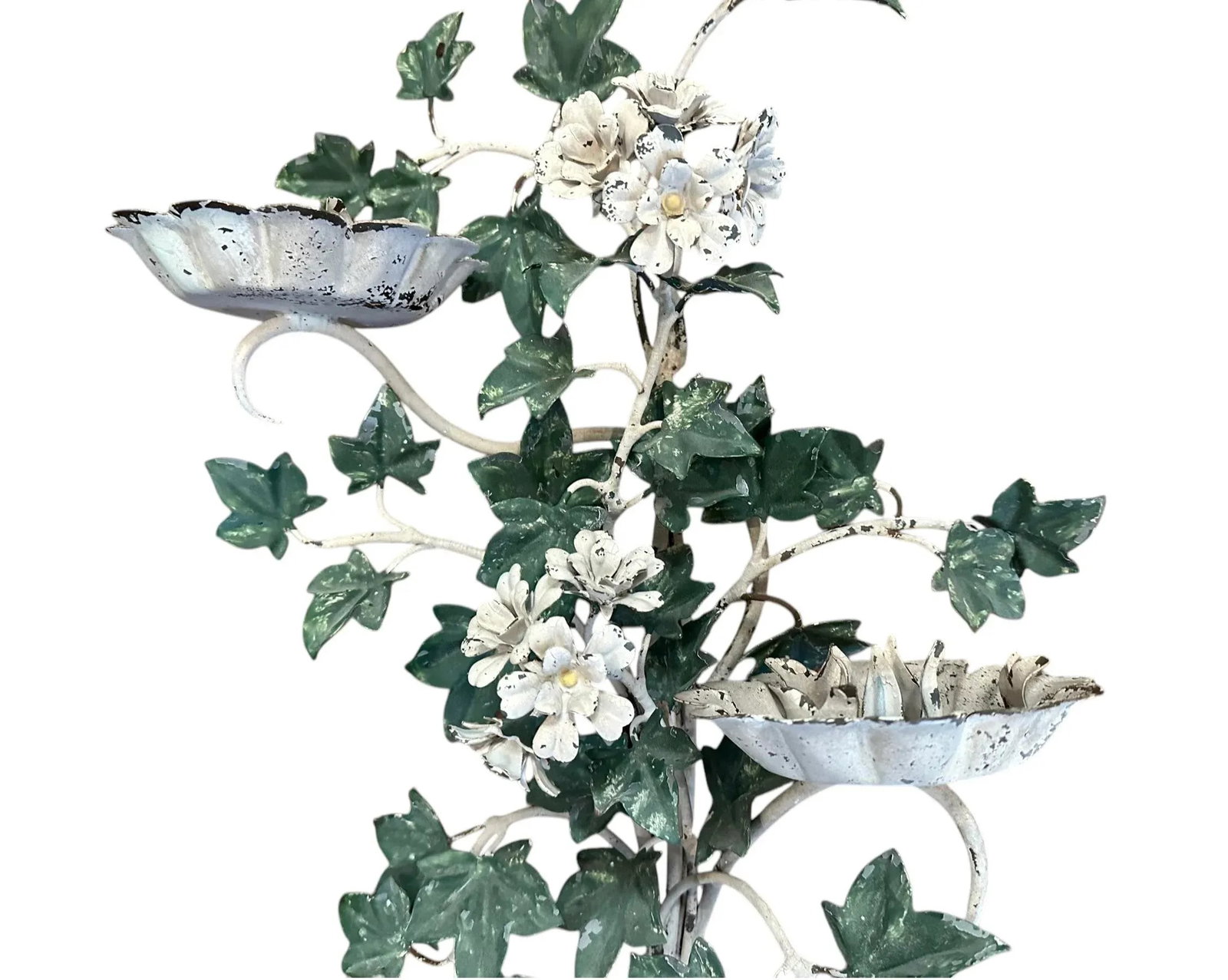 Vintage Italian Large Tole White Geranium & Ivy Sconce / Toleware Candle Holder, Circa 1940 - 5