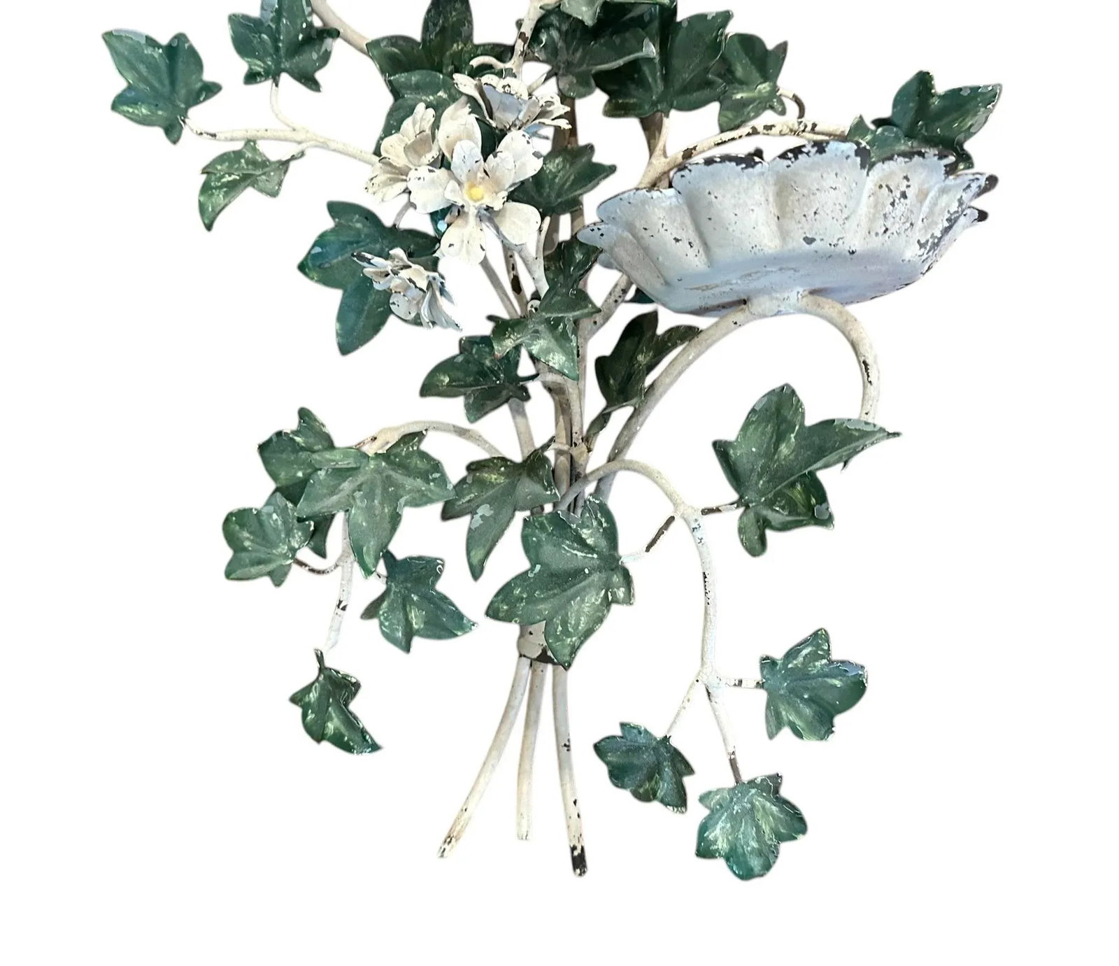 Vintage Italian Large Tole White Geranium & Ivy Sconce / Toleware Candle Holder, Circa 1940 - 6