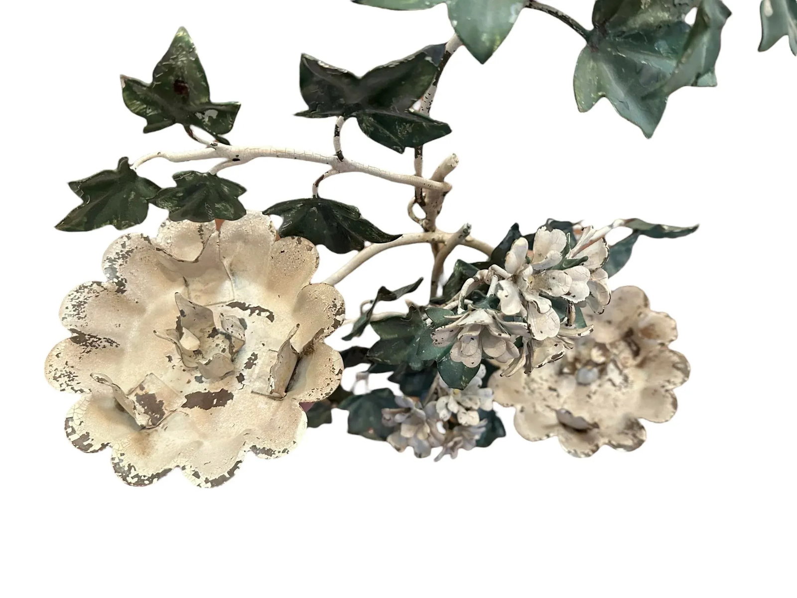 Vintage Italian Large Tole White Geranium & Ivy Sconce / Toleware Candle Holder, Circa 1940 - 7