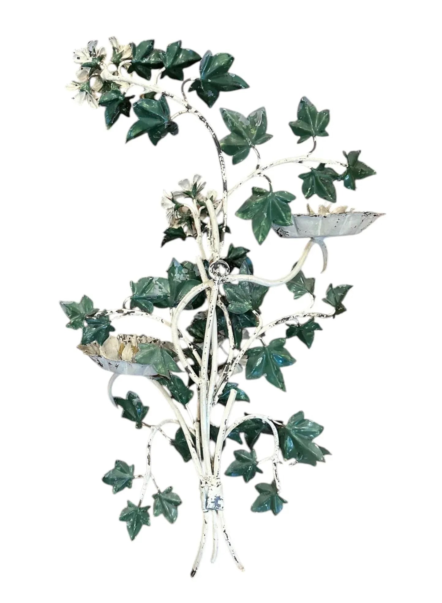 Vintage Italian Large Tole White Geranium & Ivy Sconce / Toleware Candle Holder, Circa 1940 - 9