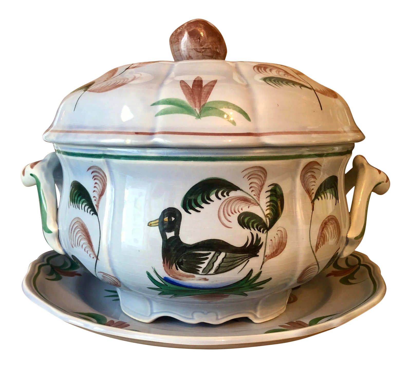 Mid 20th Century Longchamp "Blue Duck" French Faience Majolica Soup Tureen: LONGCHAMP French Faience Hand-Painted Soup Tureen - BLUE DUCK (Retired Pattern) A rare item! This tureen comes in 3 pieces: a lid, tureen body, and a large plate it sits upon. The background color is 