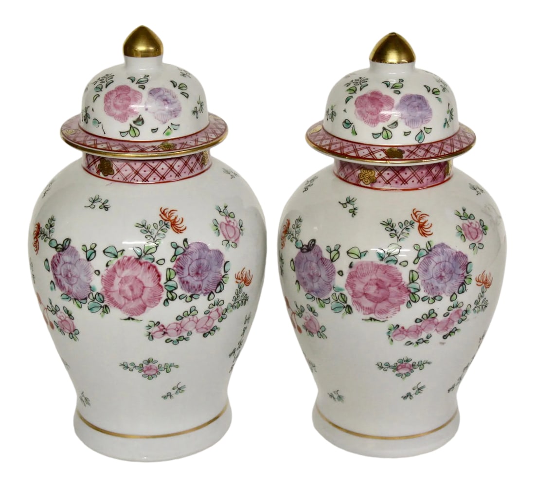 Adams Floral Lowestoft Ginger Jars - a Pair: Lovely pair of Lowestoft porcelain ginger jars. Hand painted in the Adams floral motif. Features purple and pink florals with gilt accents. These two jars appear to be from different production lots; 