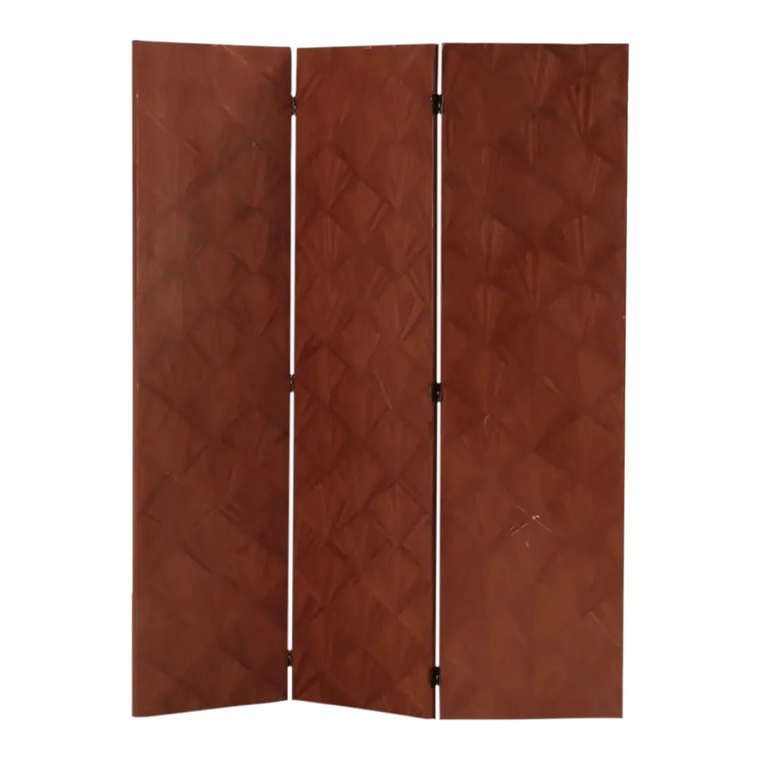 1970s Marquetry Wood Room Divider Screen, Jean Michel Frank: Stunning 3 panel marquetry room divider in the manner of Jean Michel Frank. One side has the famous fan motif and the back has straight wood grain. Original brass hardware. In good condition with