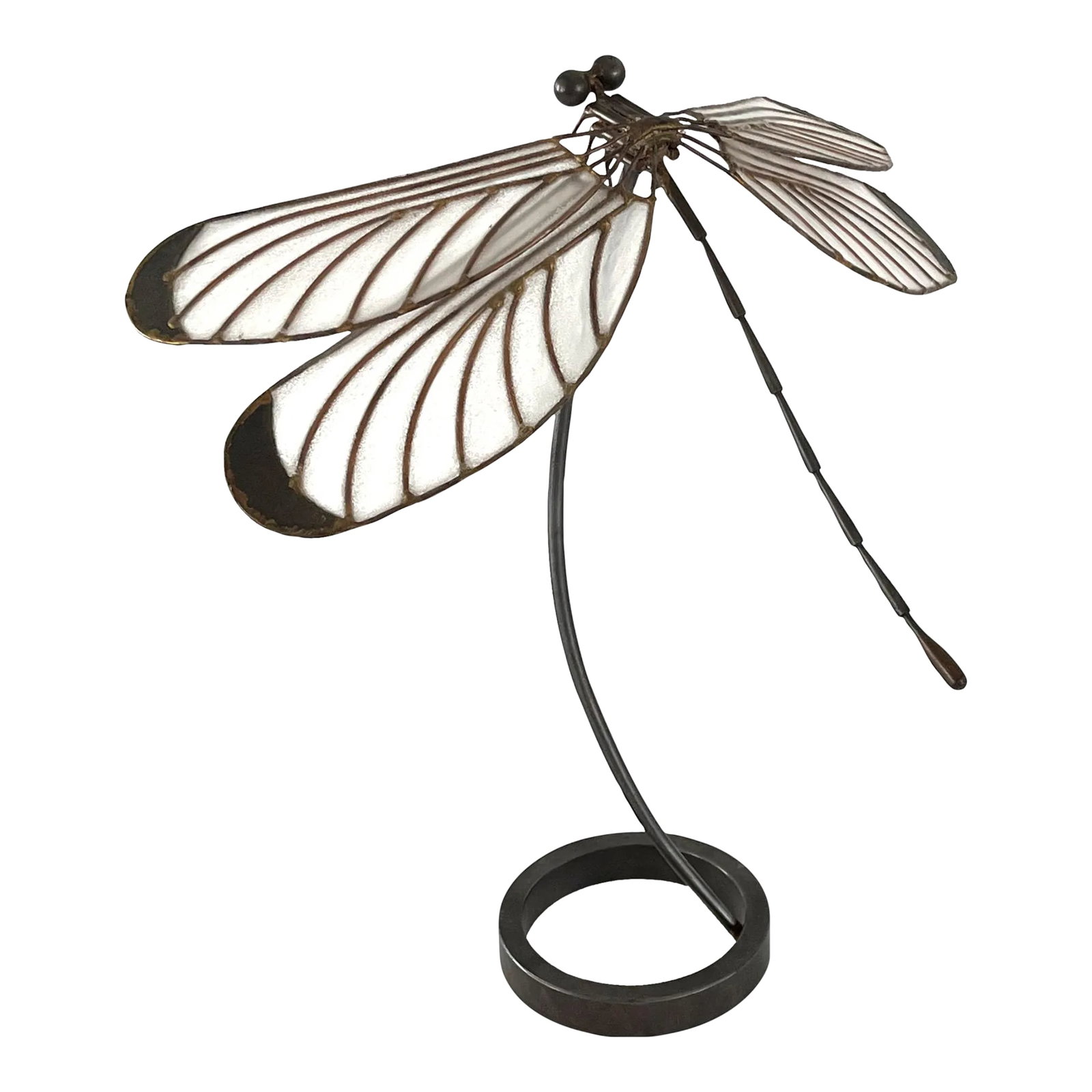 Vintage Dragonfly Kinetic Sculpture: Whimsical vintage dragonfly sculpture that will be sure to perk up any area in the home. This sculpture is two pieces; the circular base with an extending rod and the dragonfly. The dragonfly perches 