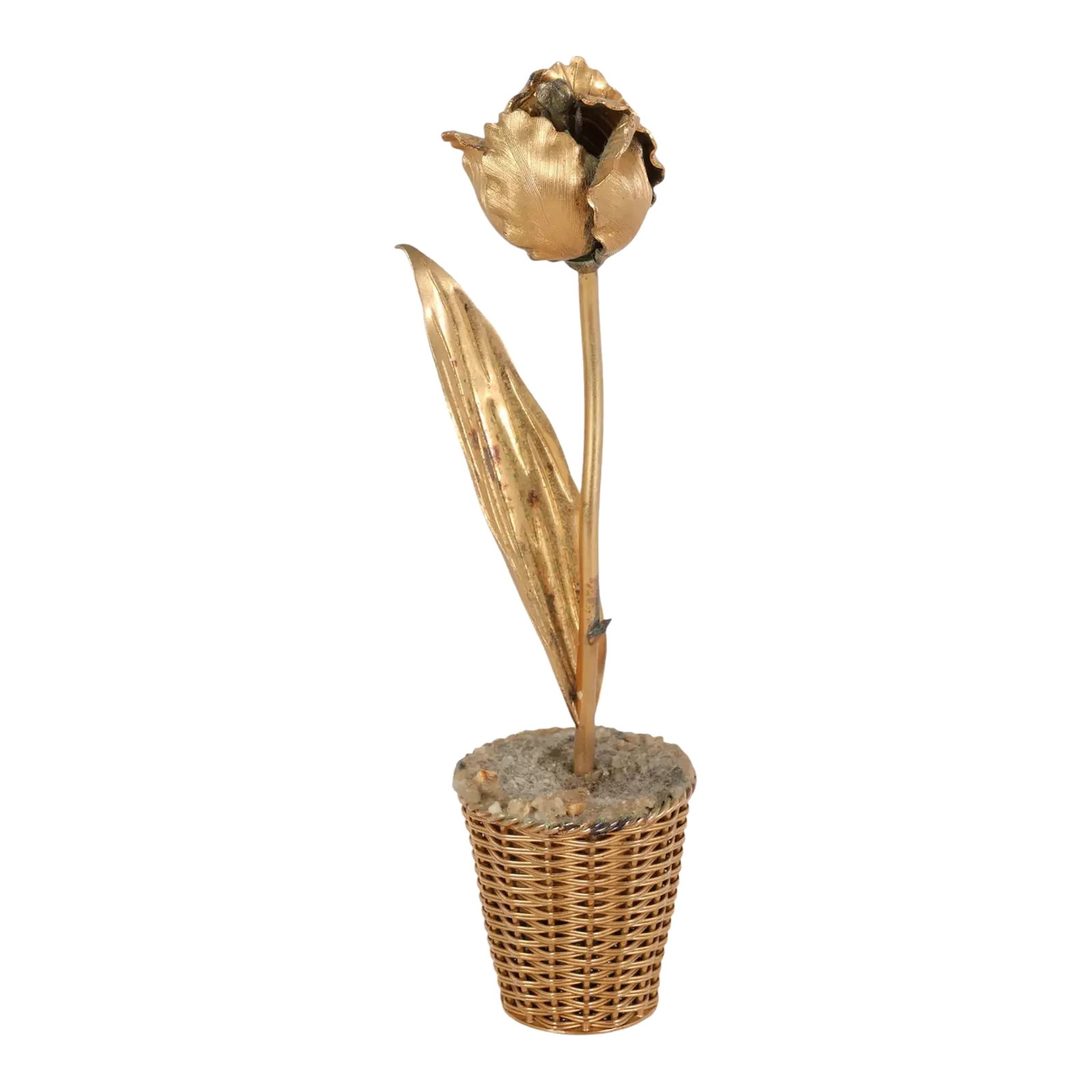 Janna Thomas for Tiffany & Co Gilt Steering Potted Tulip in Basket: Janna Thomas for Tiffany & Co. gilt sterling silver tulip. Potted in a woven basket and finished with tiny stones. The basket is stamped with the maker's marks on the underside, and the piece is