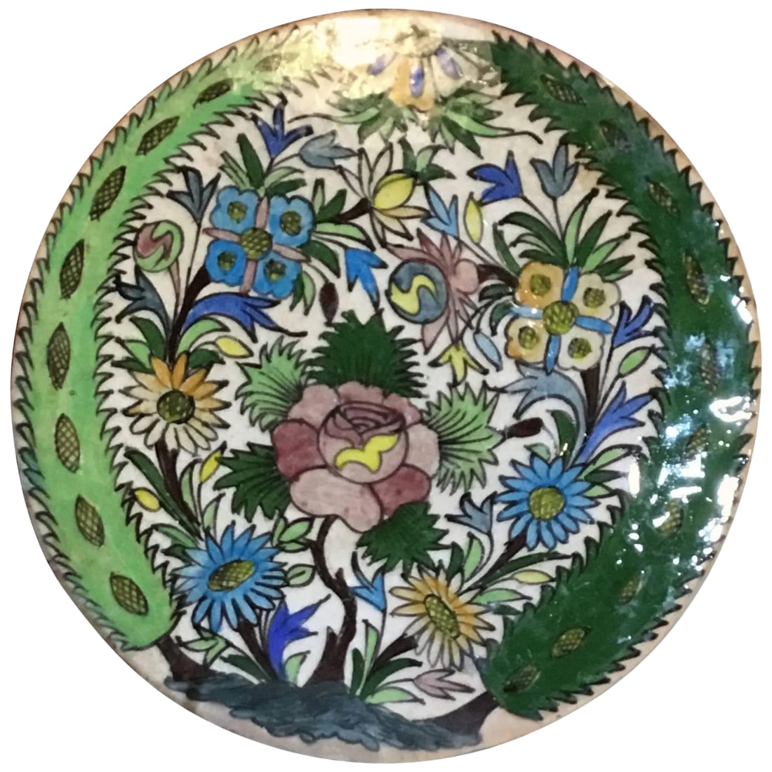 Hand-Painted Vintage Persain Tile: Beautiful Persain tile made of ceramic hand-painted and glazed ,with vines and flowers all around. Metal display piece included. Could use as display object or as top for table base ir stand. Conditio