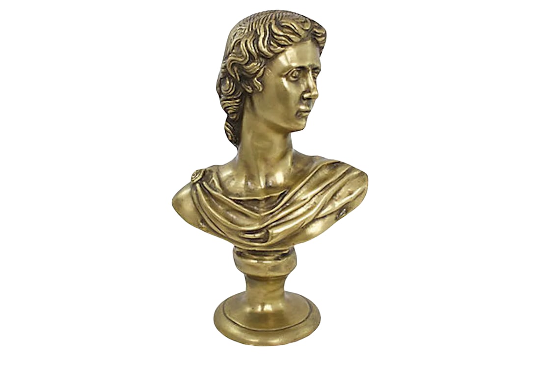 Mid-Century Large Brass Apollo Bust: Large solid brass Grecian bust of Apollo. No maker's mark. Excellent condition. Condition: Alterations: Original Condition Unaltered Imperfections: Some Imperfections Condition Notes: Excellent condit