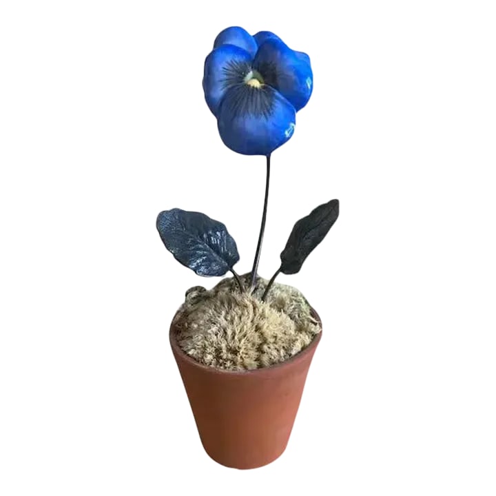 French Porcelain Potted Flower by Samuel Mazy: Gorgeous blue porcelain pansy hand made in France. Placed on a bronze metal stem with handcrafted metal leaves. "Potted" in a terra cotta pot. Made by Samuel Mazy, Paris. Please note: I added the moss
