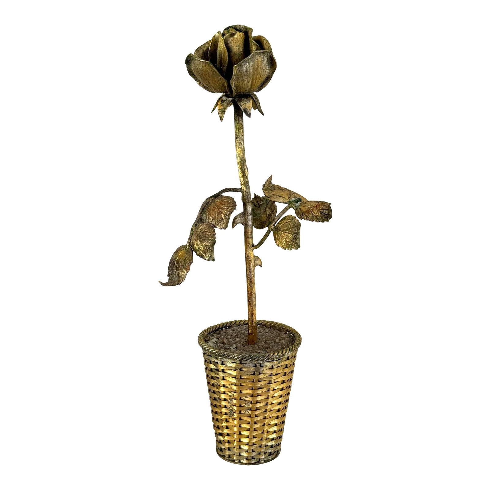 Vintage Tiffany & Co Gilded Sterling Potted Flowet: Vintage tall "potted" gold vermeil rose. Made by Janna Thomas for Tiffany & Co. woven basket planter and finished with small white stones. Condition: Alterations: Original Condition Unaltered Imperfec