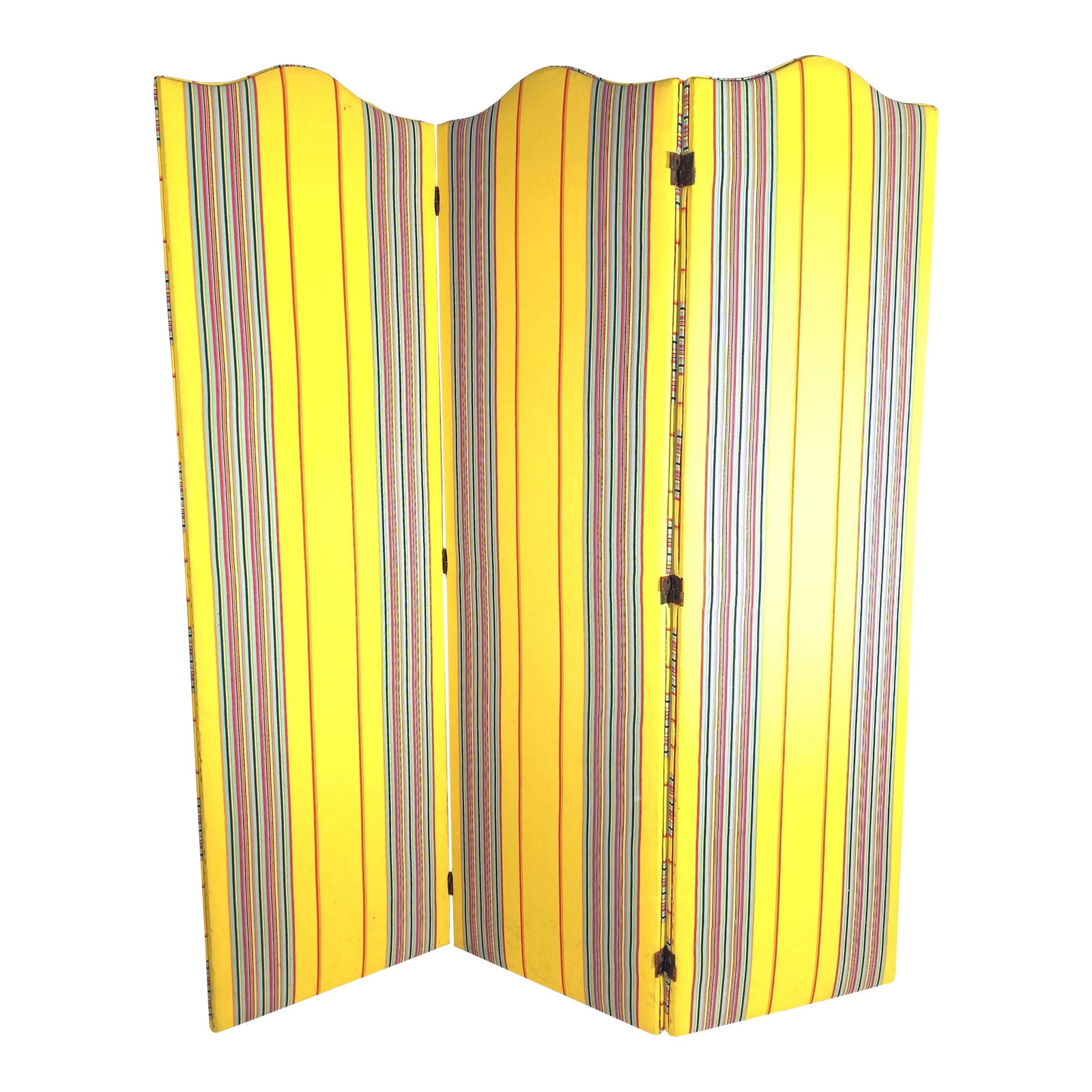Fabric Covered 3 Fold Upholstered Dressing Screen in Striped Canary Yellow From the Estate of the Ic: This dynamic colored upholstered fabric dressing screen comes from the estate of the iconic American stylist and fashion editor Polly Mellen. She served as the fashion editor at Harper's Bazaar and