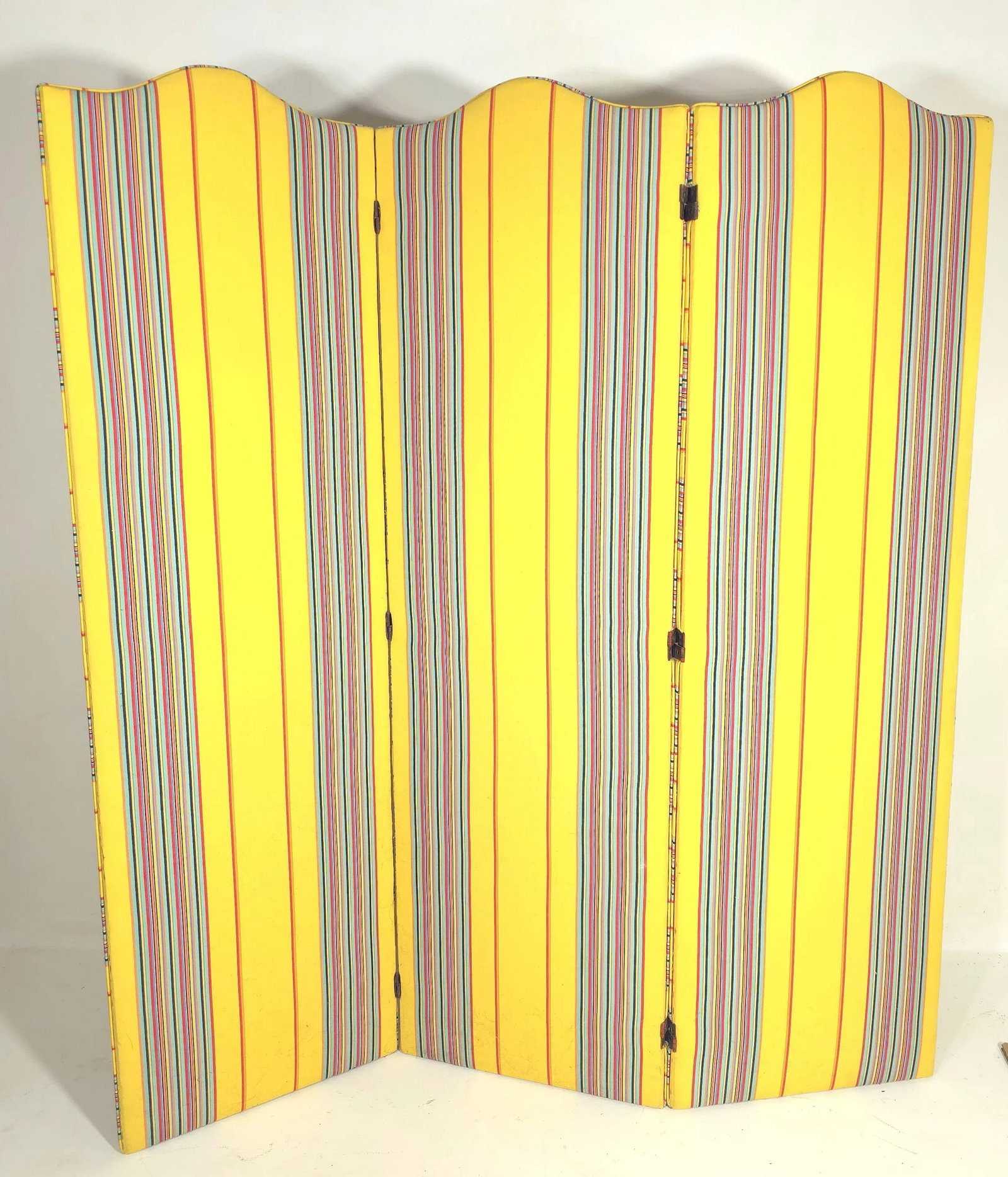 Fabric Covered 3 Fold Upholstered Dressing Screen in Striped Canary Yellow From the Estate of the Ic - 3