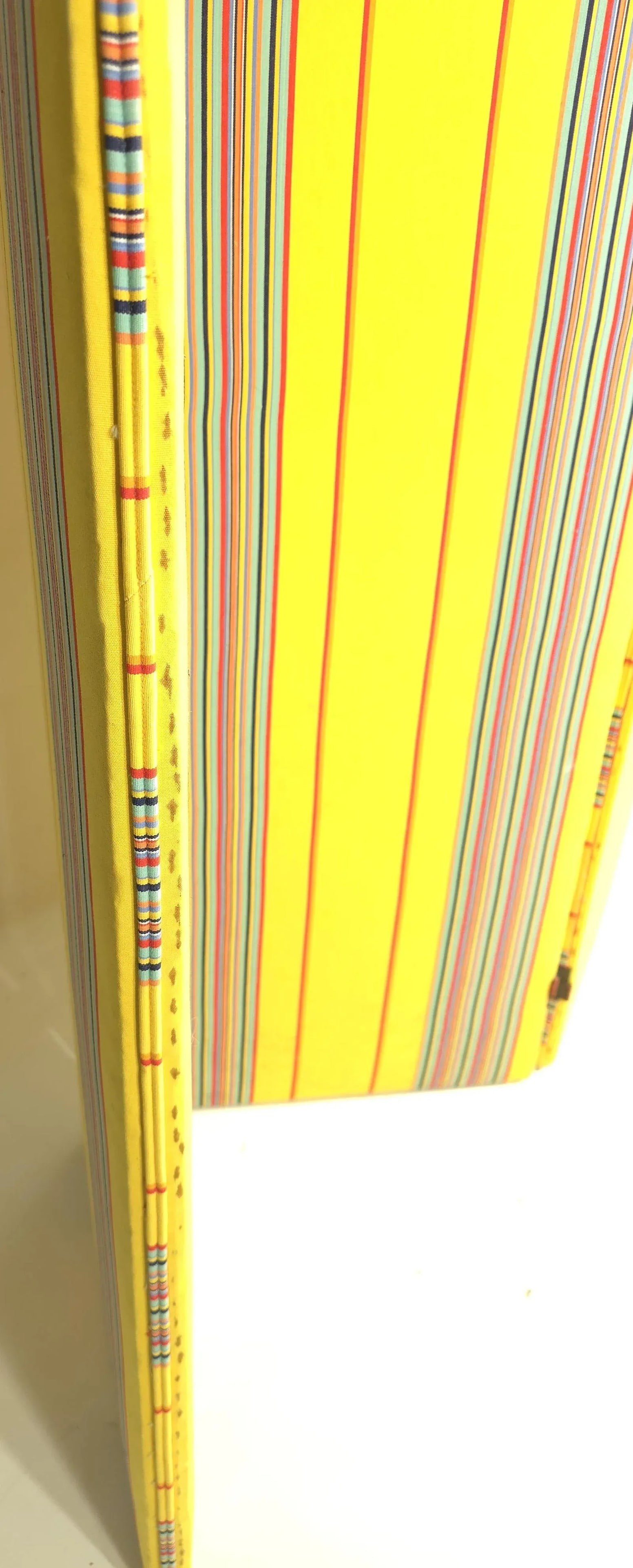 Fabric Covered 3 Fold Upholstered Dressing Screen in Striped Canary Yellow From the Estate of the Ic - 4